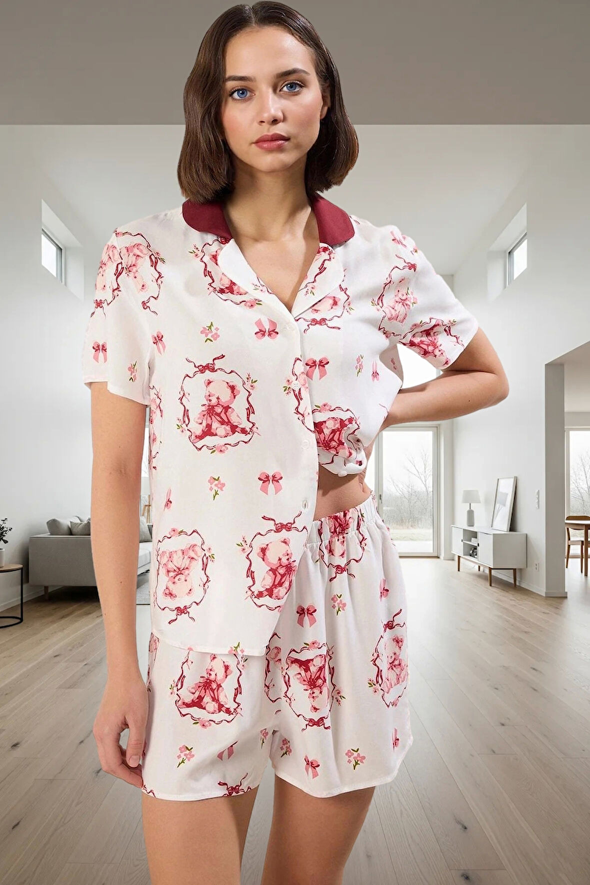 Ayıcıklı Desenli Shally Dokuma Viskoz Pijama Takımı Uzun Ömürlü Zarifane Tasarım Mükemmel Uyum