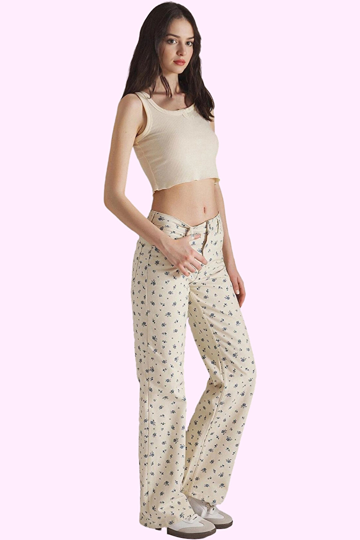 Kadın Pamuklu Çiçekli Desenli Wide Leg Jean Pantolon Günlük Kullanım Yaz Aylarının Vazgeçilmezi