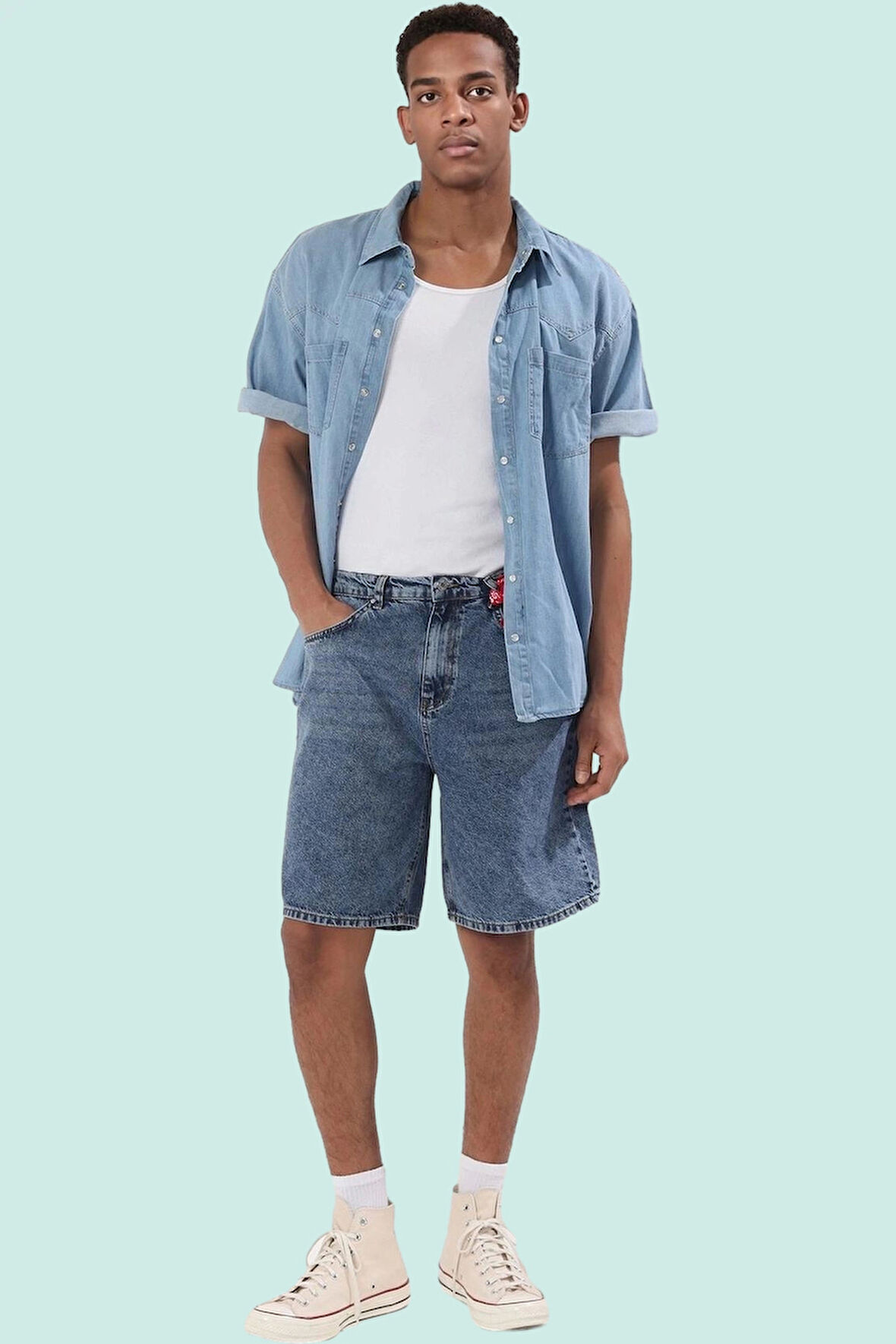 Erkek Pamuk Denim Şort; Rahat Geniş Paça Fermuarlı Yazlık Günlük Kullanım Kaliteli Malzeme