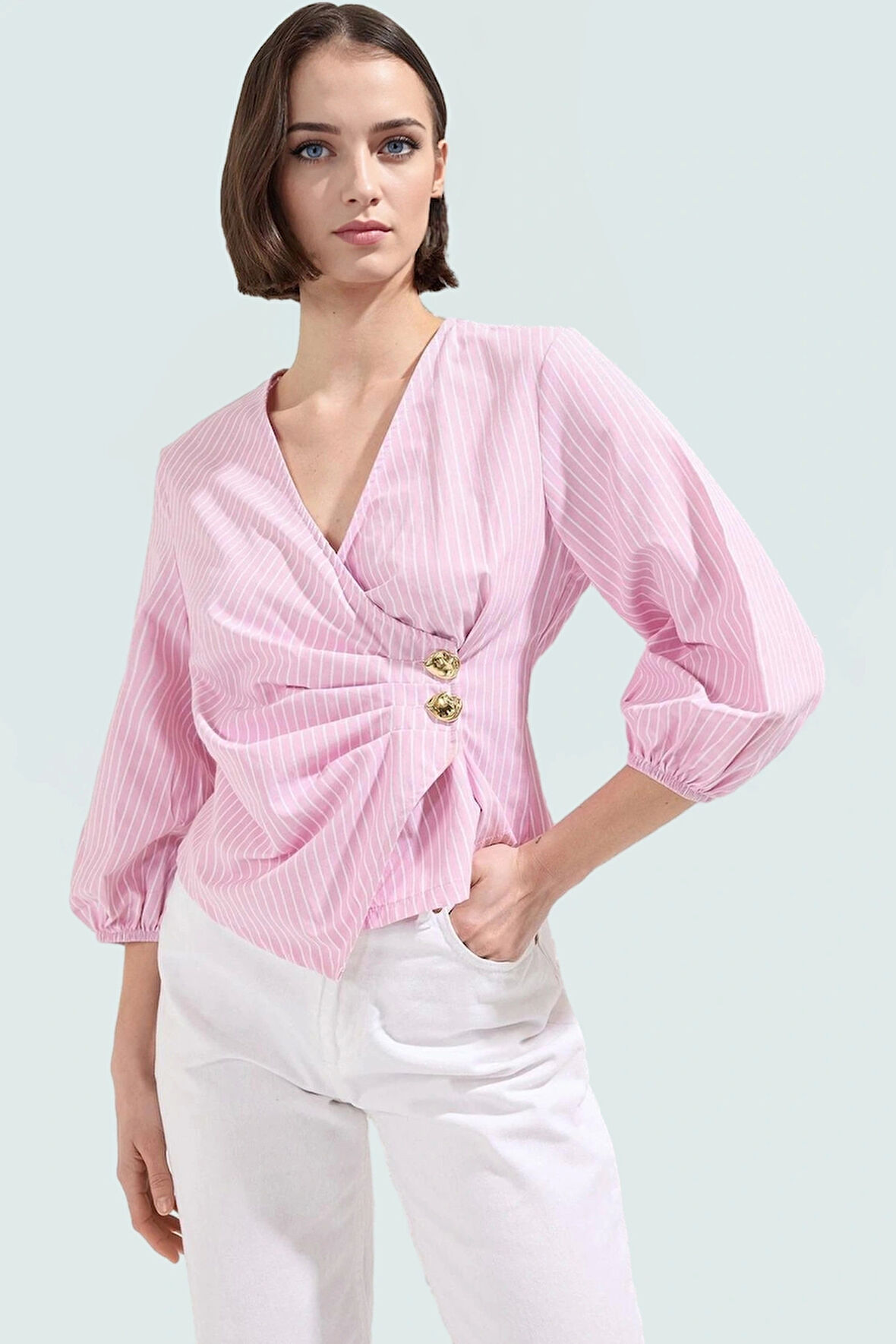 Yazlık Kısa Kol Çizgili Terrycotton Bluz V Yaka Casual Modern Stil Yüksek Kalite Uzun Ömürlü