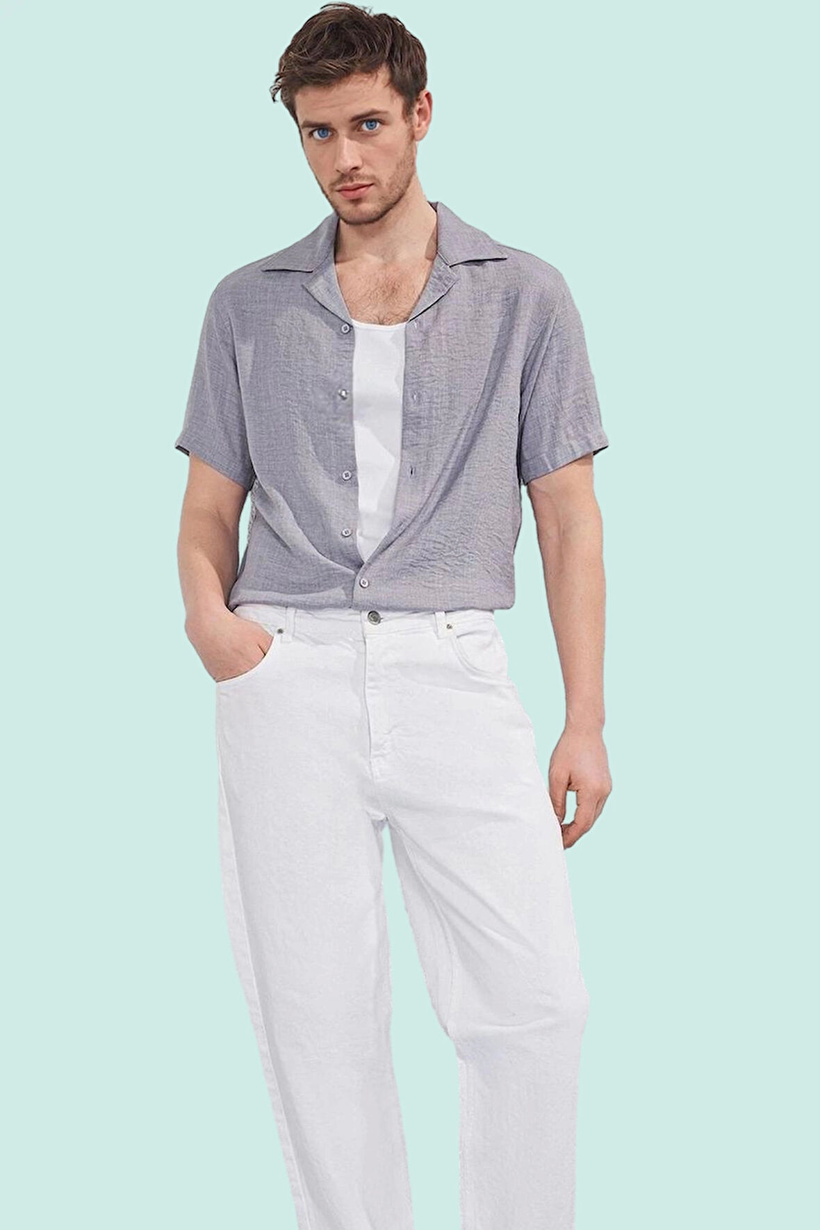 Erkek Regular Fit Polyester Gömlek; Keten Görünümlü Apaş Yaka Kısa Kol Yazlık Günlük Kullanım