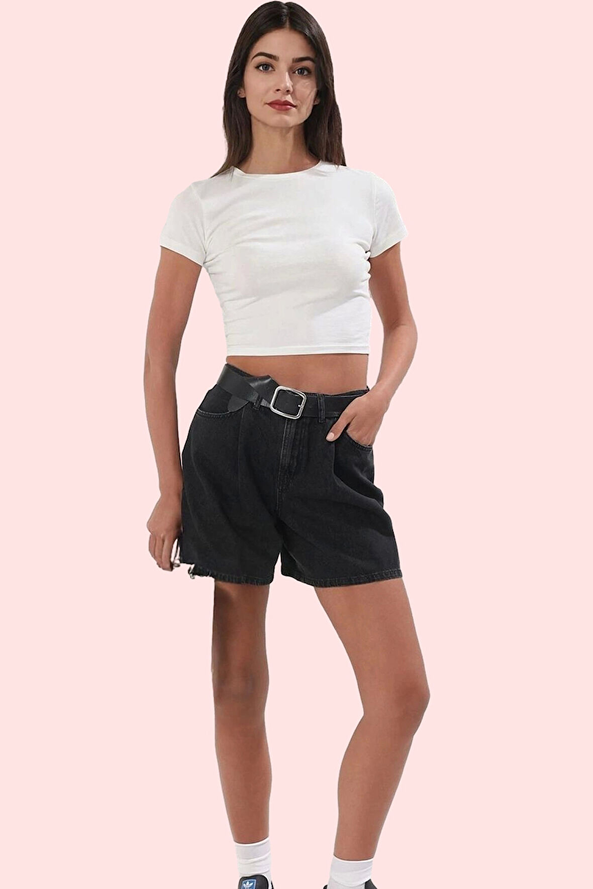 Kadın Yüksek Bel Pileli Denim Bermuda Şort Pamuk Yaz Aylarının Vazgeçilmezi Günlük Kullanım