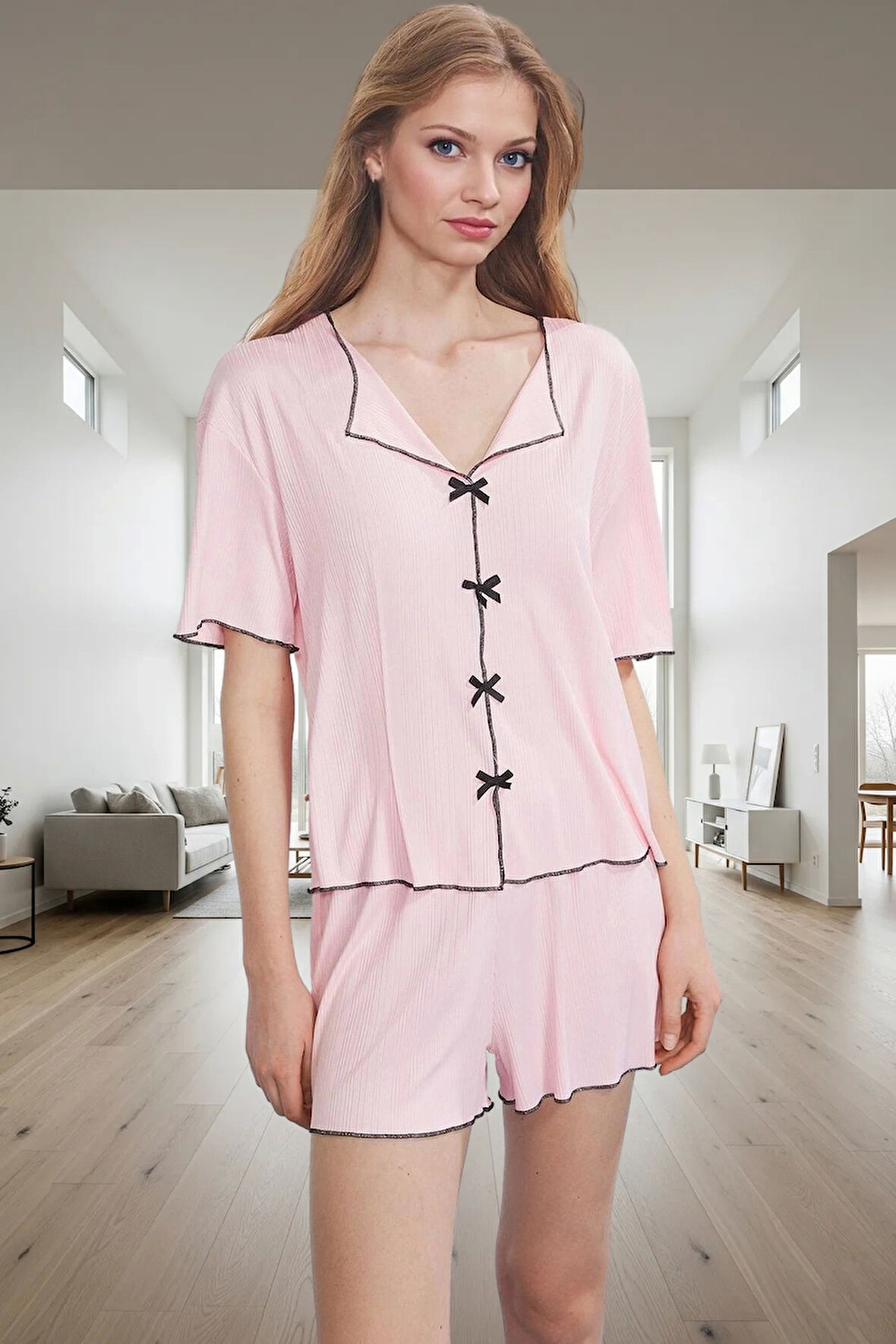 Rahat Pijama Takımı Kaşkorse Örme Yazlık Şortlu Ev Giysisi Dayanıklı Malzeme Konforlu Kesim