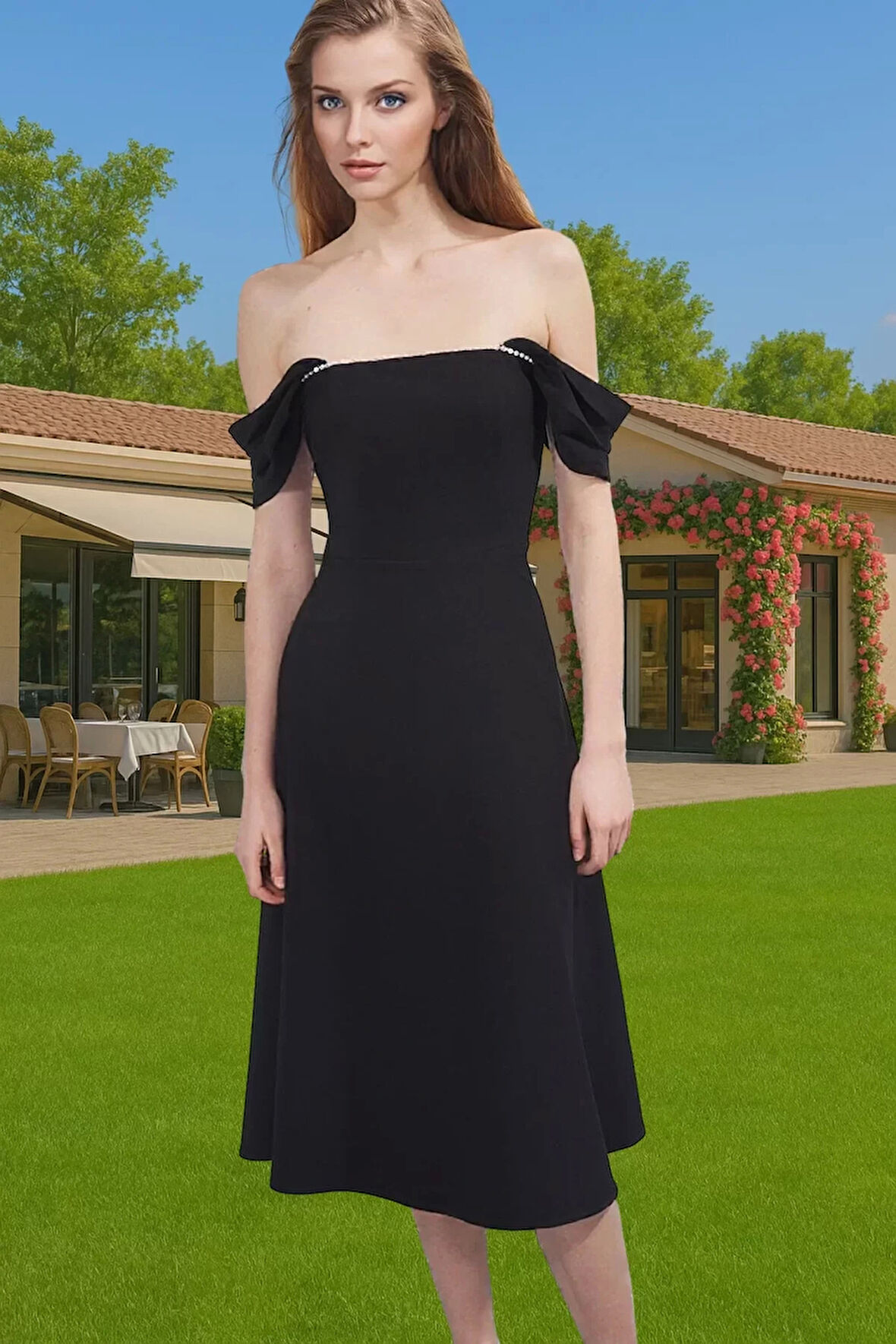 İnci Detaylı Belden Açık Skater Abiye Elbise Dokuma Finike Kumaş Dayanıklı Malzeme Trend Tasarım