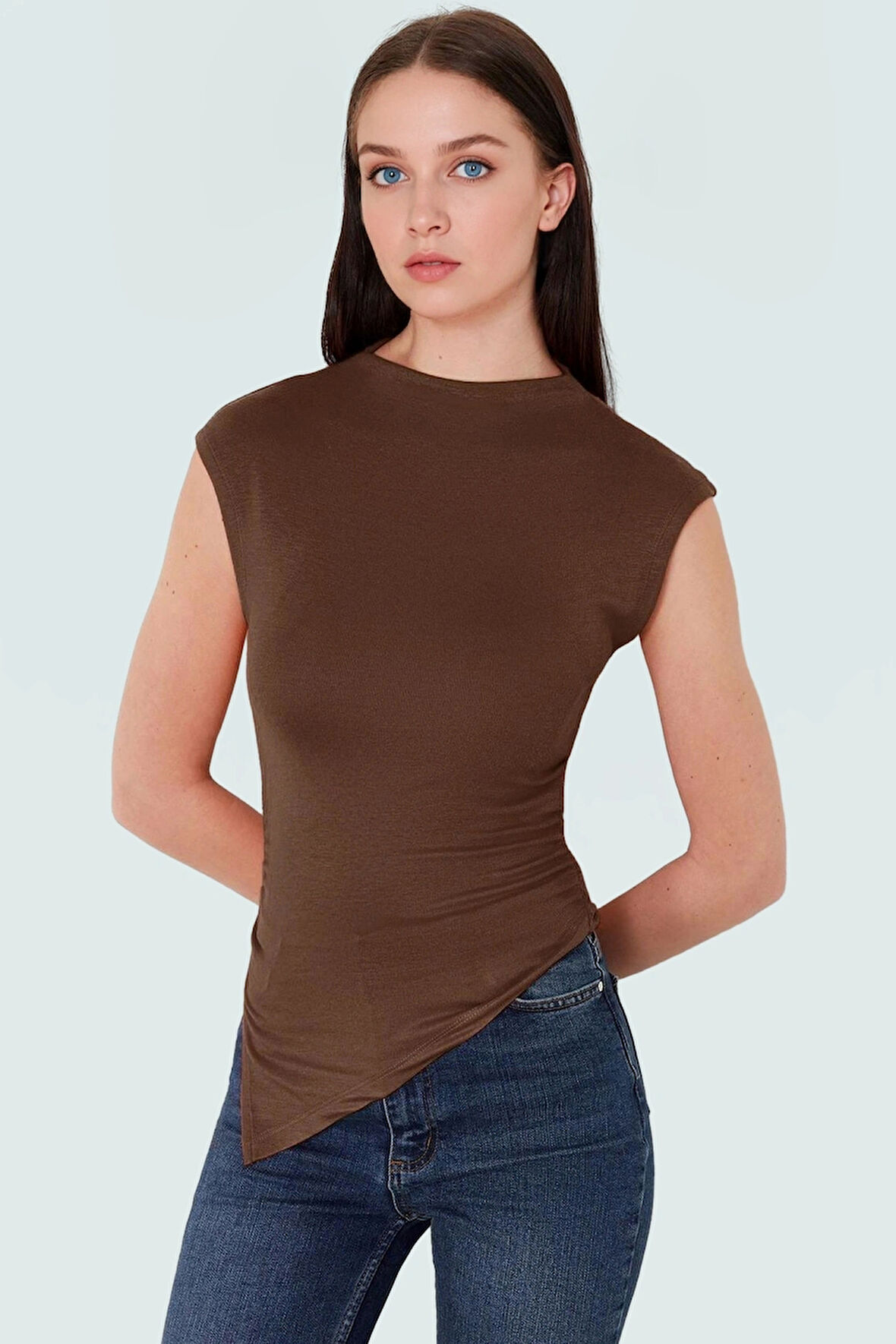 Dik Yaka Fitted Örme Bluz Regular Boy Asimetrik Kesim Mükemmel Uyum Özel Tasarım