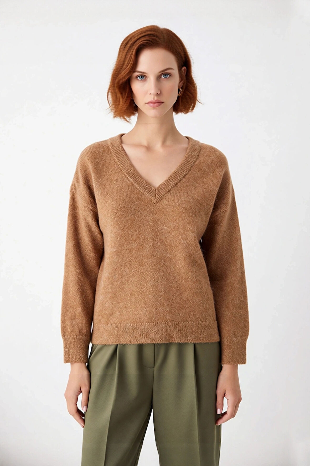 Modern Kadın Oversize V Yaka Triko Düz Düşük Kol Günlük Basic Kışlık Alpaka Karışımlı Kazak