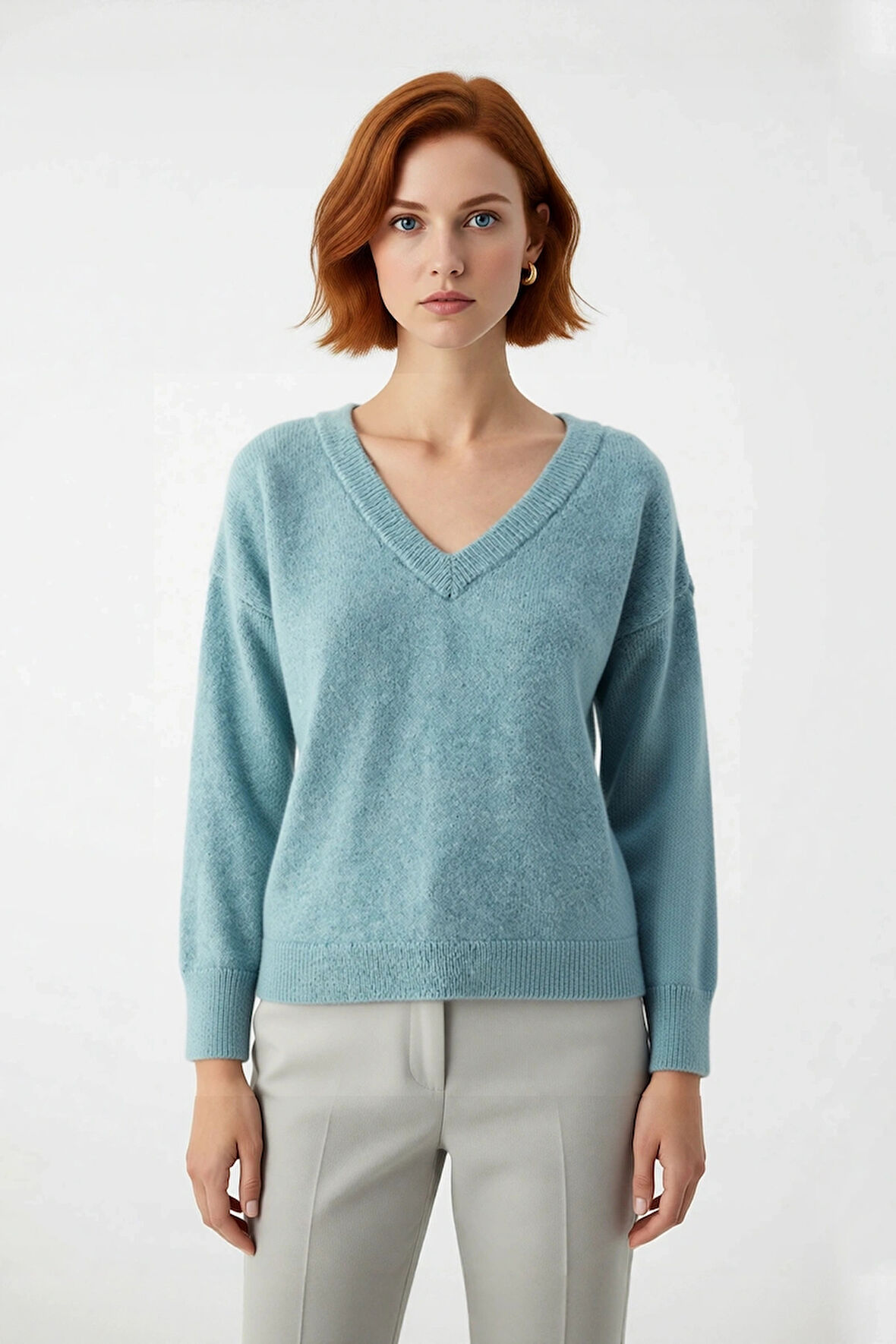 Modern Kadın Oversize V Yaka Triko Düz Düşük Kol Günlük Basic Kışlık Alpaka Karışımlı Kazak