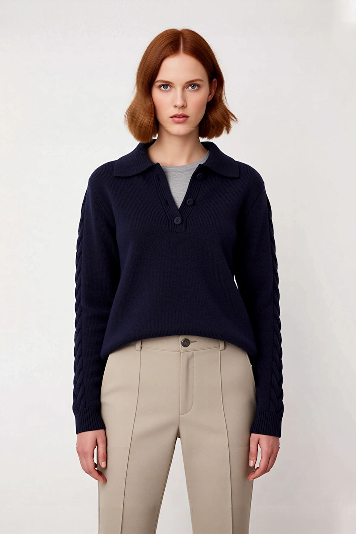 Kadın Şık ve Konforlu Günlük Regular Kalıp Polo Yaka Saç Örgü Triko Kışlık Kazak Kaliteli