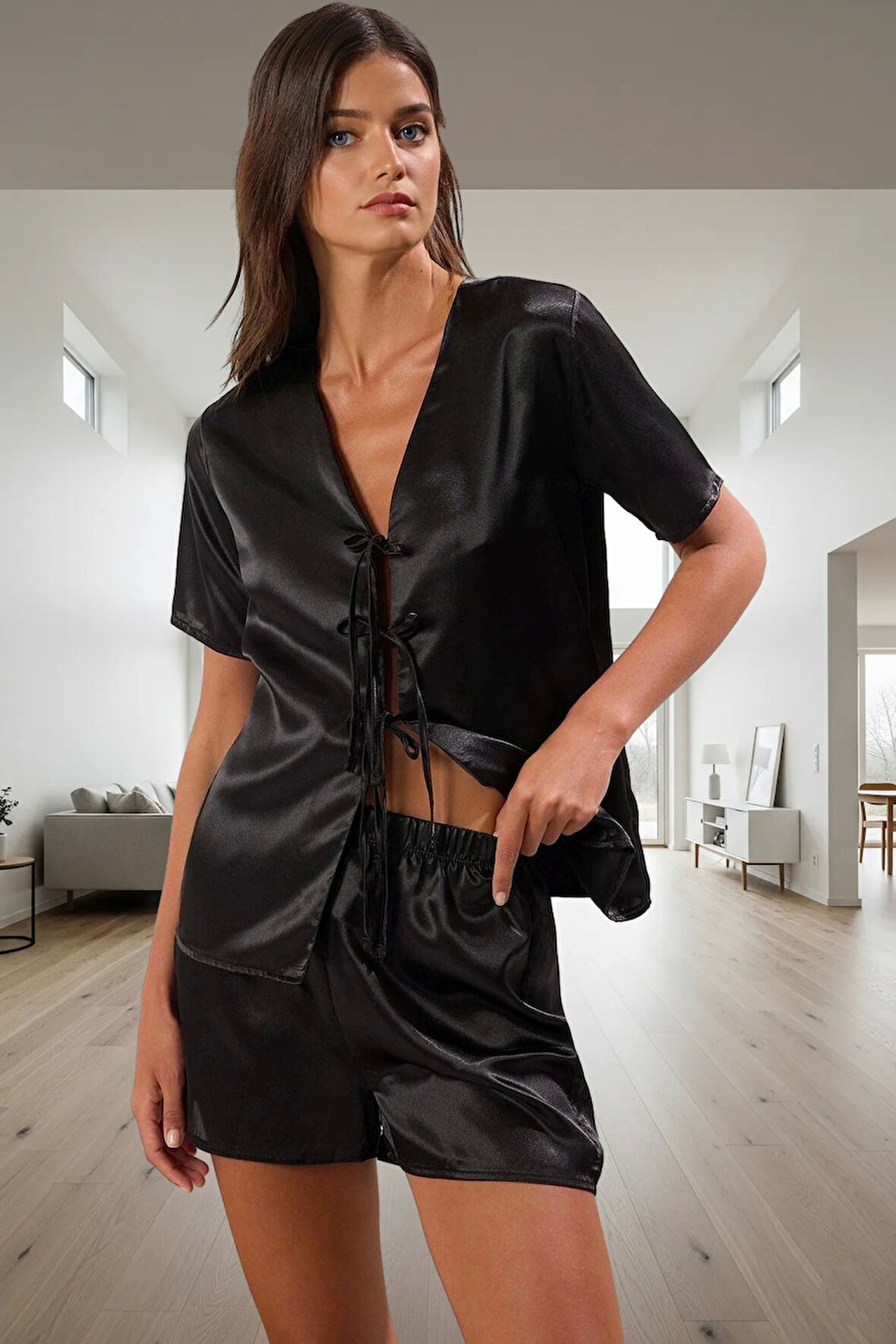 Rahat ve Şık Saten Pijama 100% Polyester V Yaka Kısa Kollu Boru Paça Şort Ev Giyim Takımı