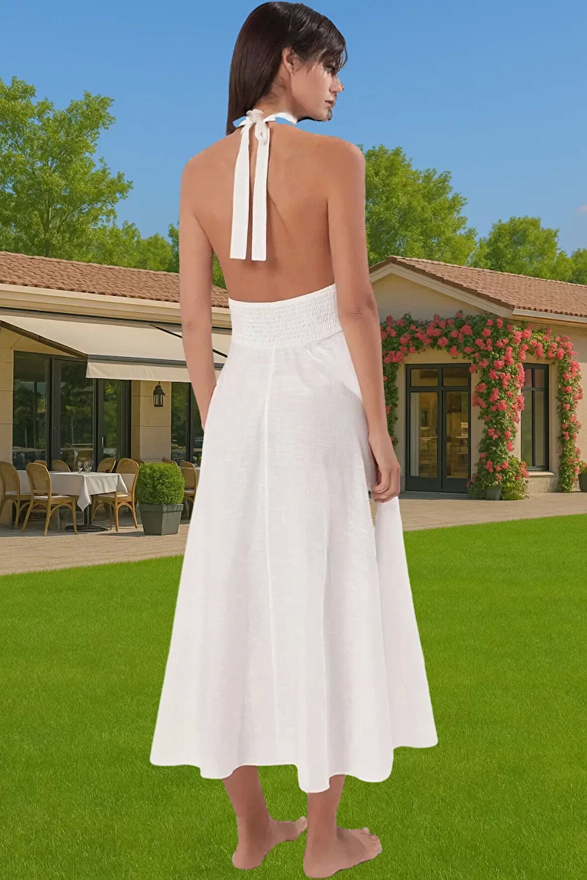 100 Pamuk Kadın Bisiklet Yaka Bağlamalı Maxi Plaj Elbisesi Seçkin Malzeme Rahat Ve Şık