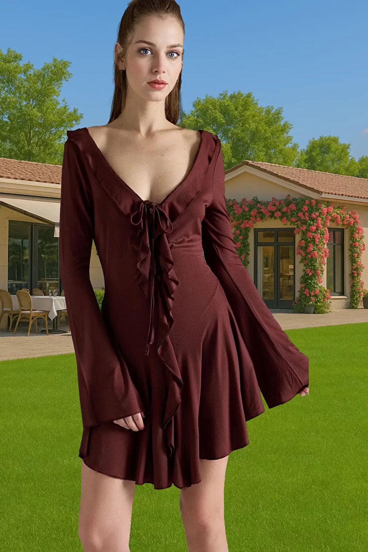 Yazlık Kadın Bisiklet Yaka Volanlı Örme Midi Elbise Rahat Şık Uzun Ömürlü Kaliteli İşçilik