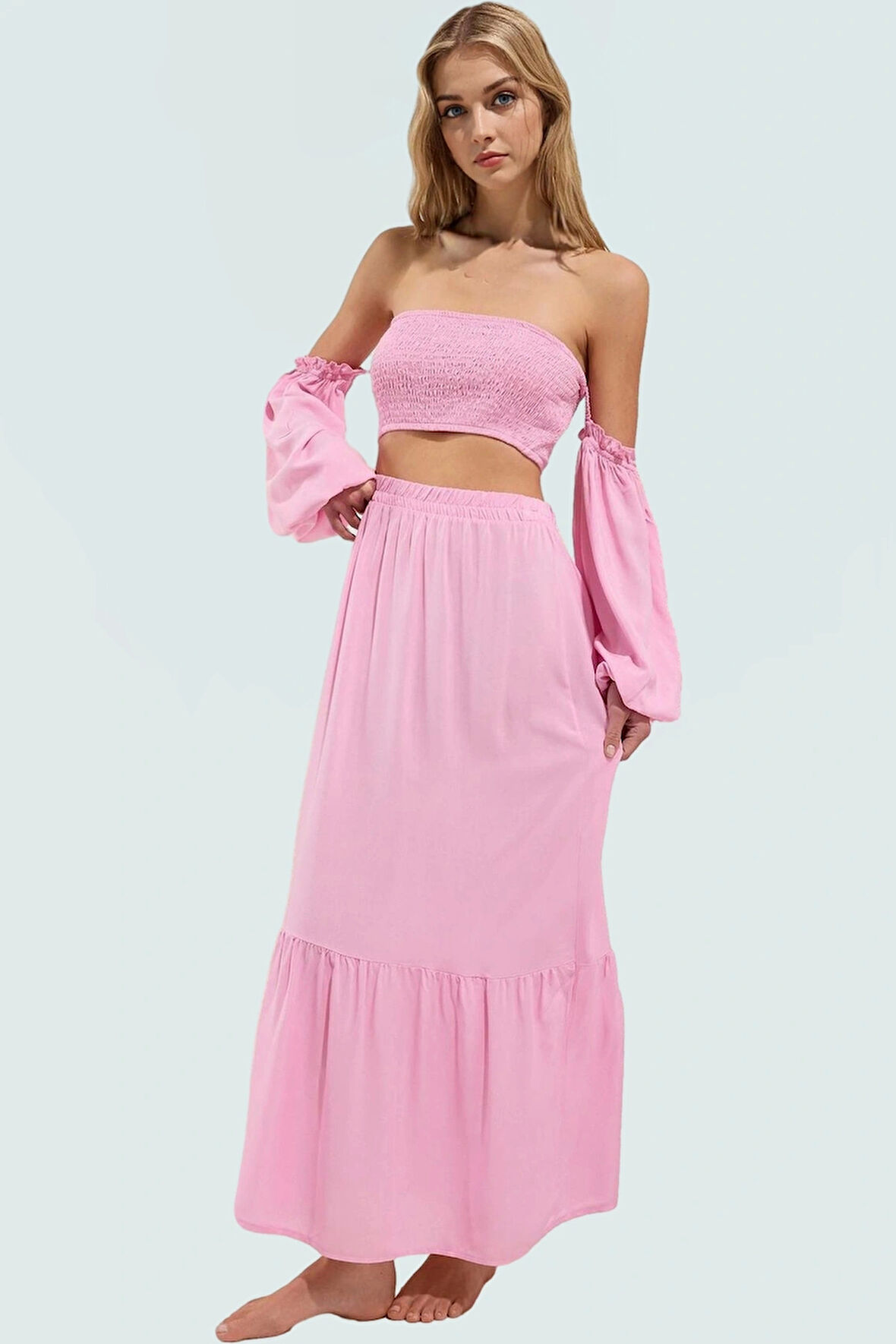 Yazlık Şal Desenli Viskoz Bluz Etek Takım Balon Kol Profesyonel Görünüm