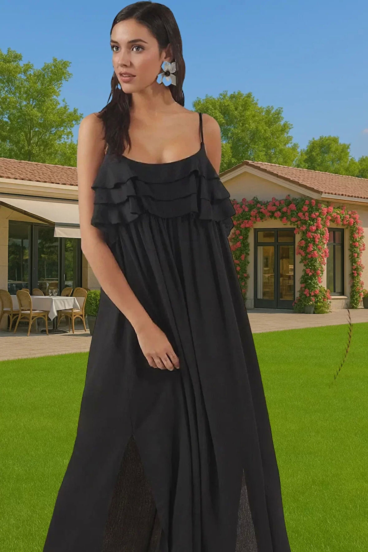 Viskoz Crinkle Kumaş Maxi Plaj Elbisesi Volanlı Detaylar ile Yazlık Özel Tasarım Trend Tasarım