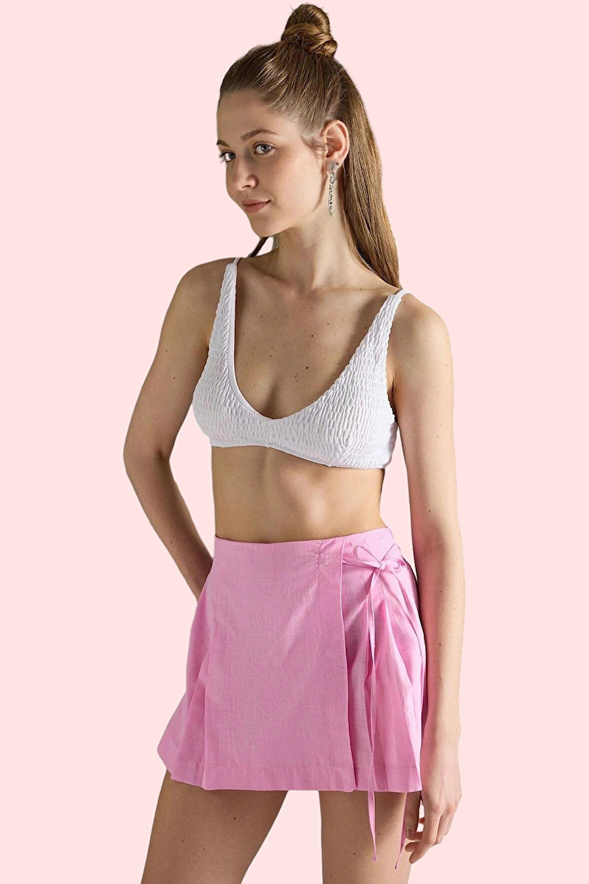 Kadın Yazlık Pamuk Plaj Şort Etek Renk Dar Paça Bağlama Detaylı Yüksek Bel Günlük Kullanım