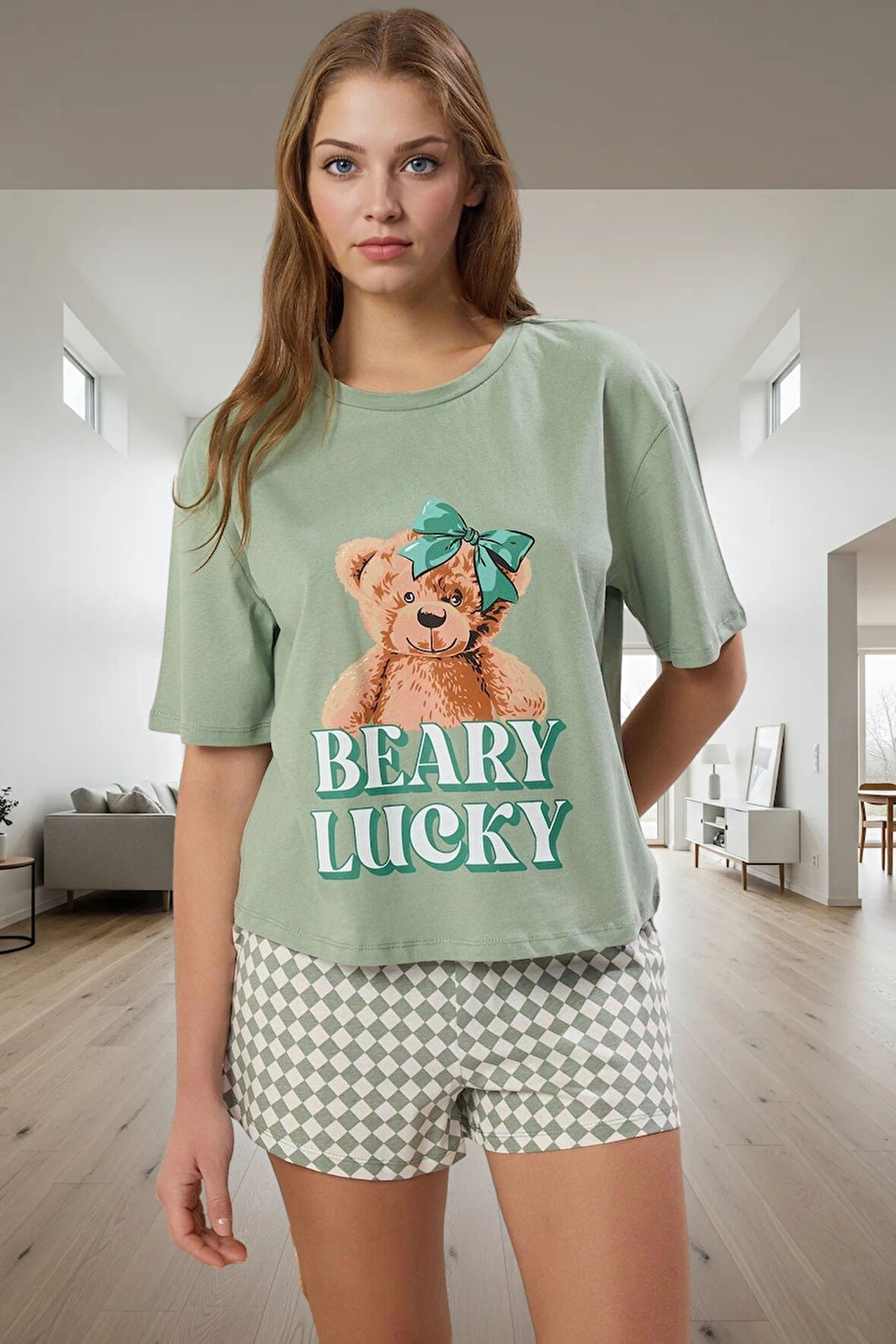 Kısa Kol Regular Kalıp %100 Pamuk Homewear Ayıcıklı Pijama Takımı Seçkin Malzeme Şık Görünüm