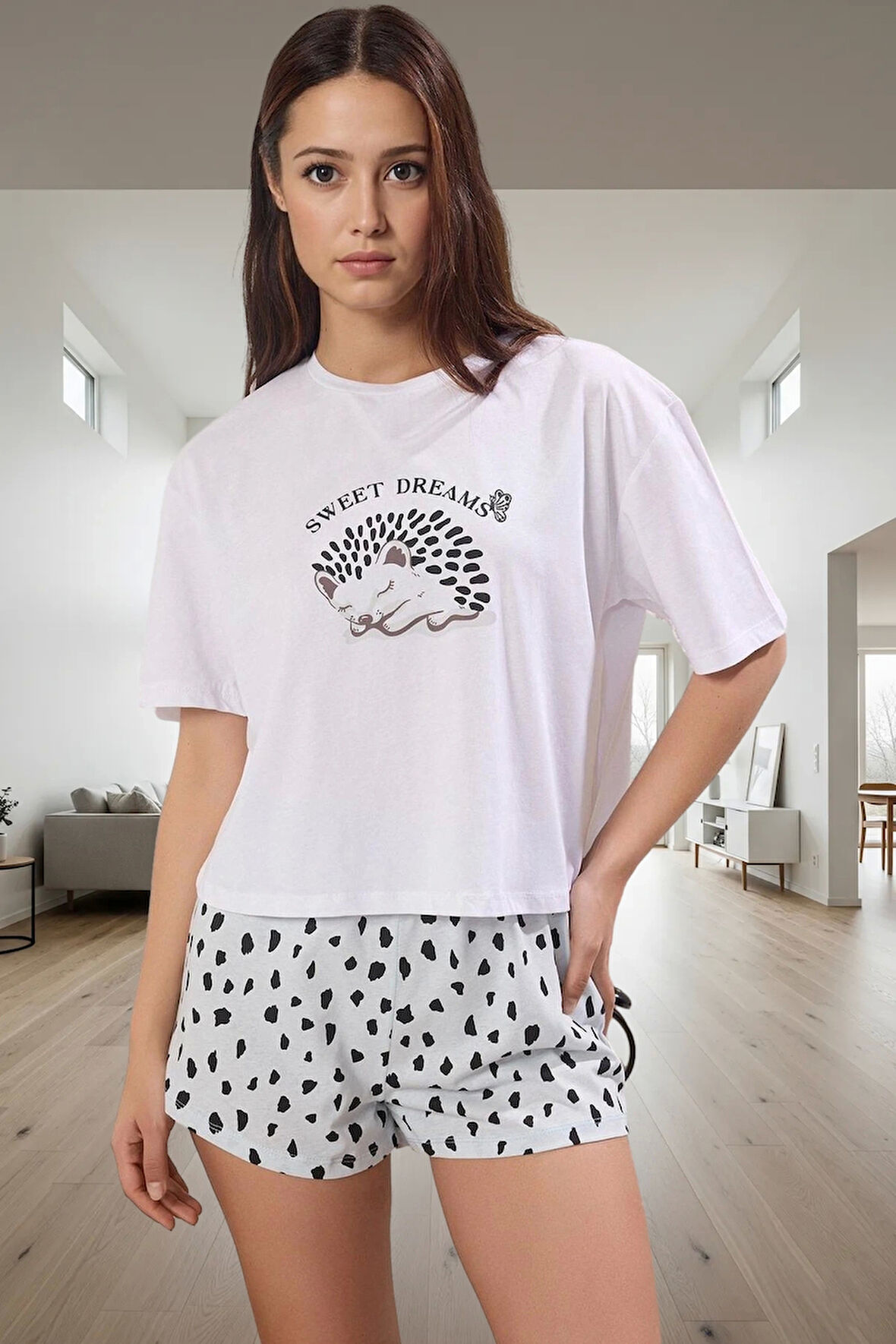 Pamuklu Kirpi Desenli Rahat Pijama Takımı Yazlık Nefes Alabilir Ev Giysisi Uzun Ömürlü