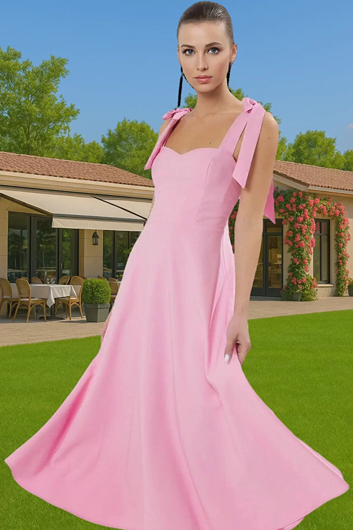 Feminen A Kesim Midi Abiye Elbise Polyester Elastan Dokuma Kumaştan Günlük Kullanım İçin