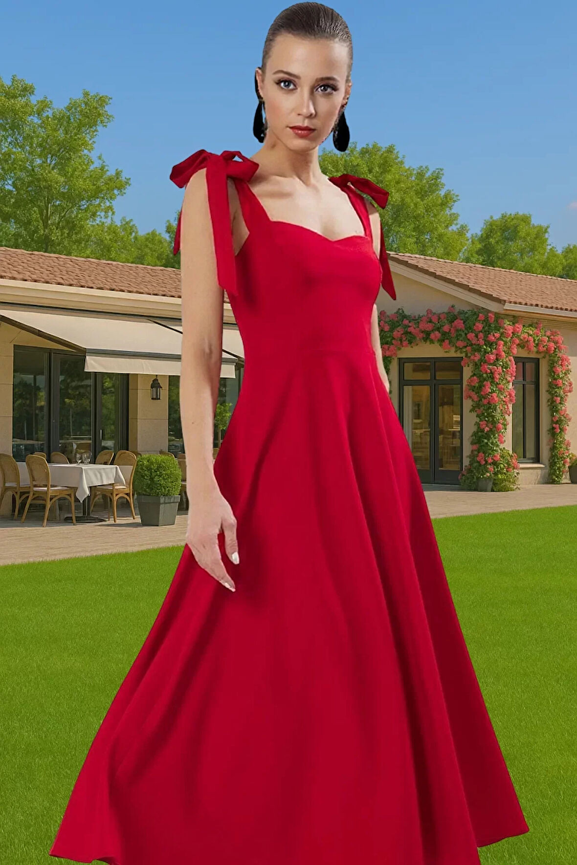 Feminen A Kesim Midi Abiye Elbise Polyester Elastan Dokuma Kumaştan Günlük Kullanım İçin