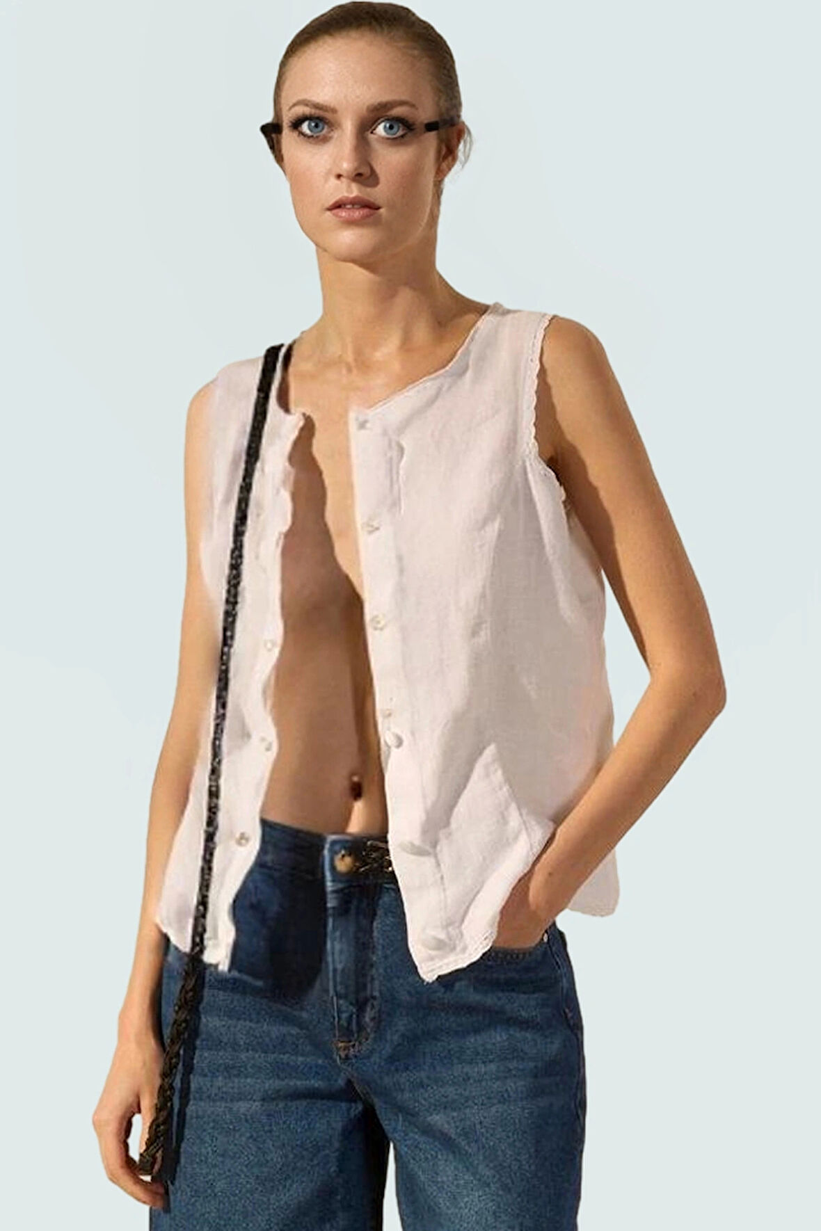 Keten Dantel Detaylı Crop Bluz Rahat Yazlık Stil Şık Görünüm Yüksek Kalite Kaliteli İşçilik