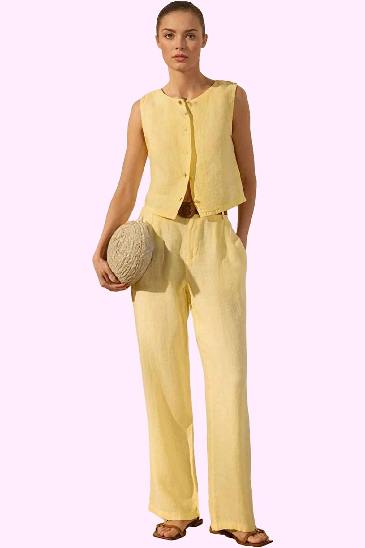 Kadın Keten Dokuma Pantolon Yüksek Bel Wide Leg Günlük Kullanım Yaz Aylarının Vazgeçilmezi