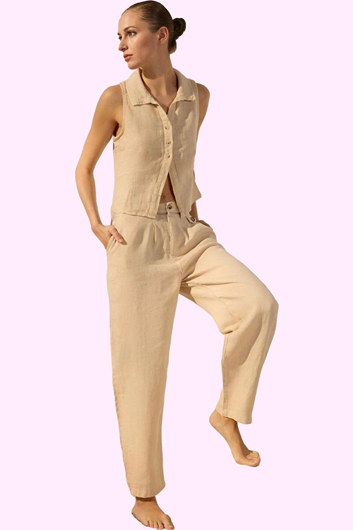 Kadın Keten Denim Pantolon Yüksek Bel Geniş Paça Yazlık Rahat Günlük Kullanım Modern Tasarım