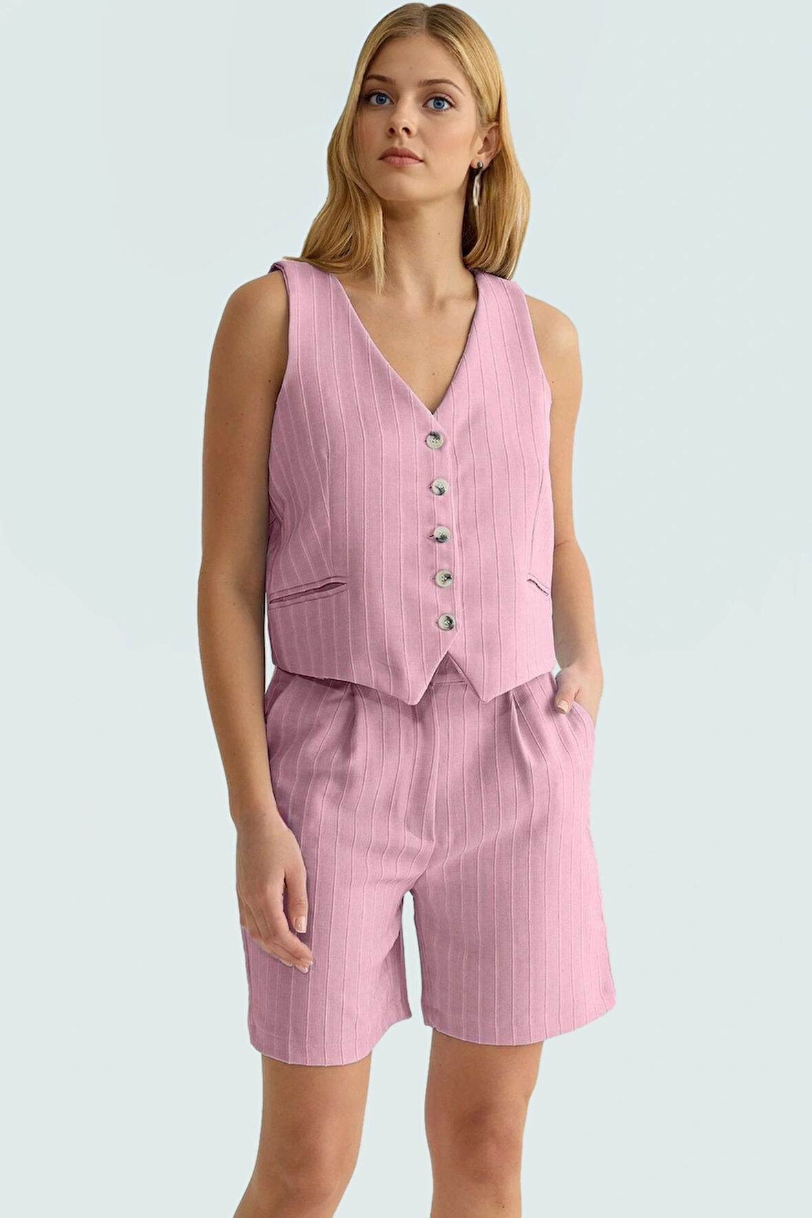 Şık Viskon Süprem Dokuma Yelek Şort Takım Yüksek Bel Yazlık Görünüm Rahat Ve