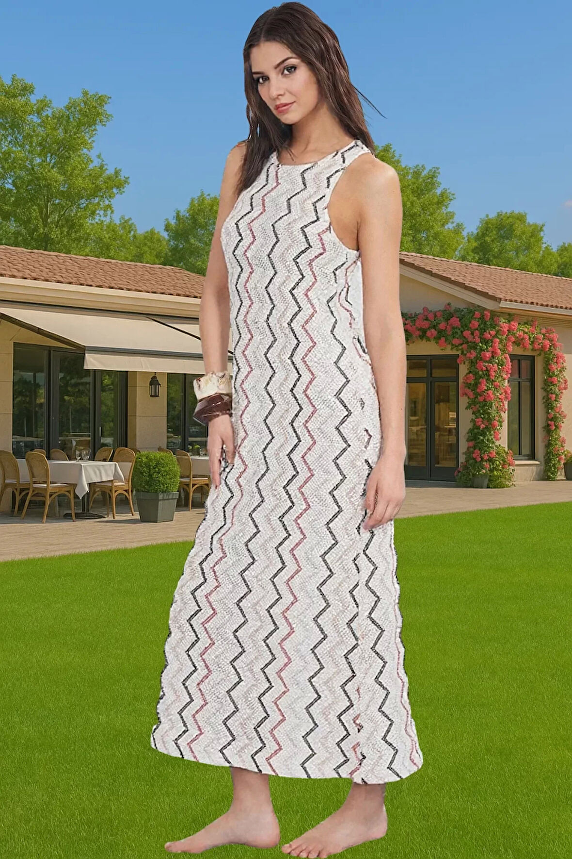 A line Kalıp Maxi Triko Örme Plaj Elbisesi Geometrik Desenli Rahat Uzun Ömürlü Seçkin Malzeme