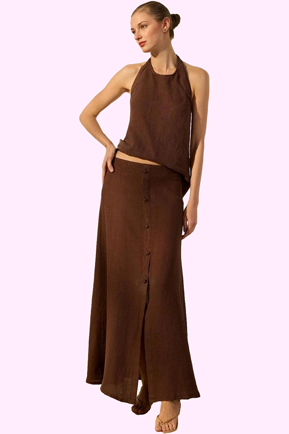 Kadın Keten Basic Siluet Maxi Etek Dokuma Kumaş Rahat Günlük Hafta Sonu Yaz Aylarının Vazgeçilmezi