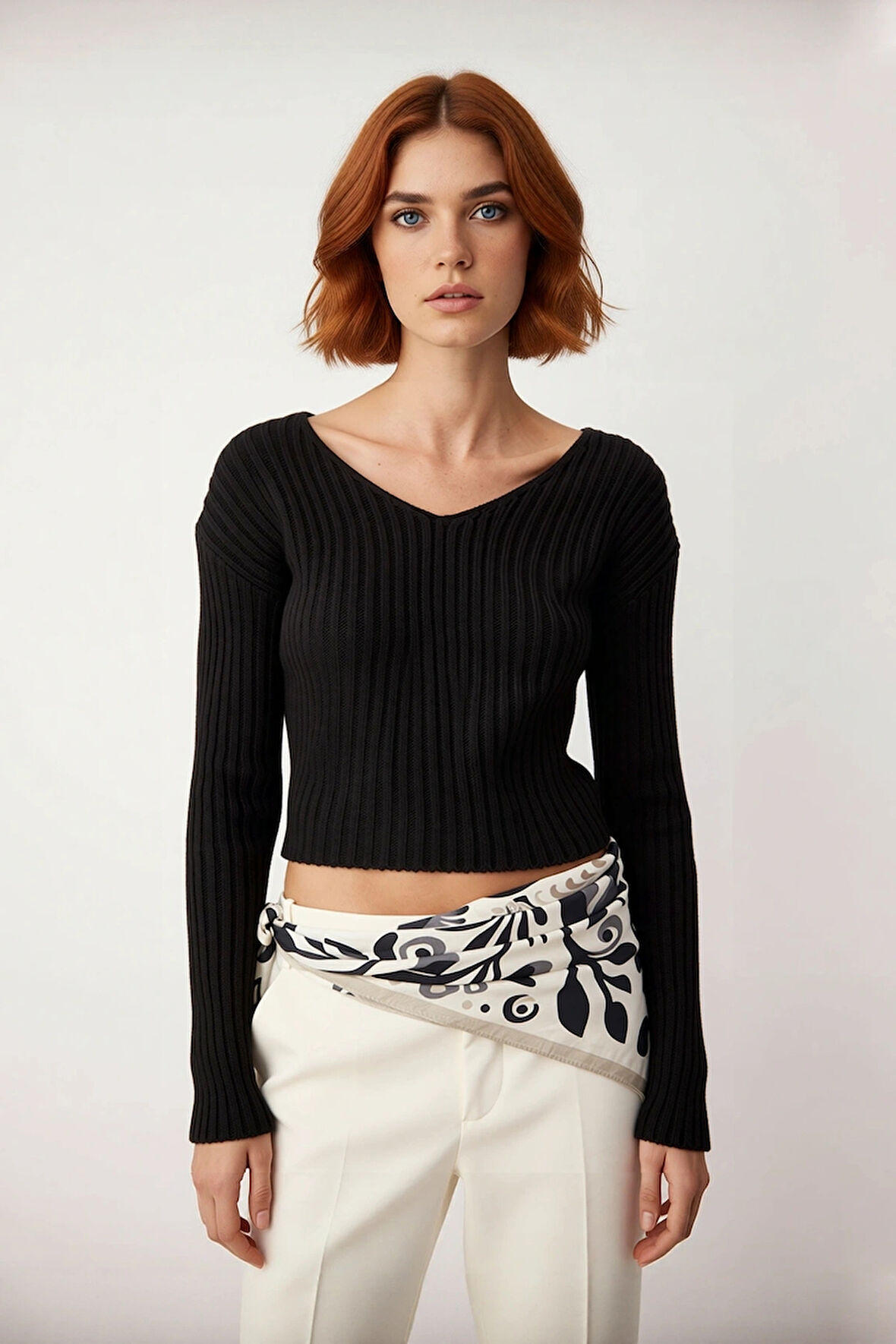 Kadın Basic Siluet Uzun Kollu Crop Akrilik Triko Kazak Regular Kalıp V Yaka Günlük Şıklık Kaliteli