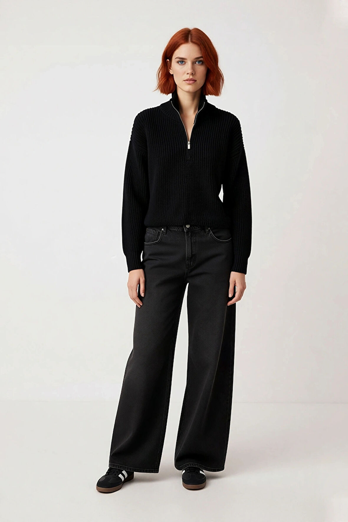 Kadın Basic Oversize Düşük Uzun Kollu Crop Fermuarlı Dik Yaka Triko Kazak Kışlık Rahat Stiller