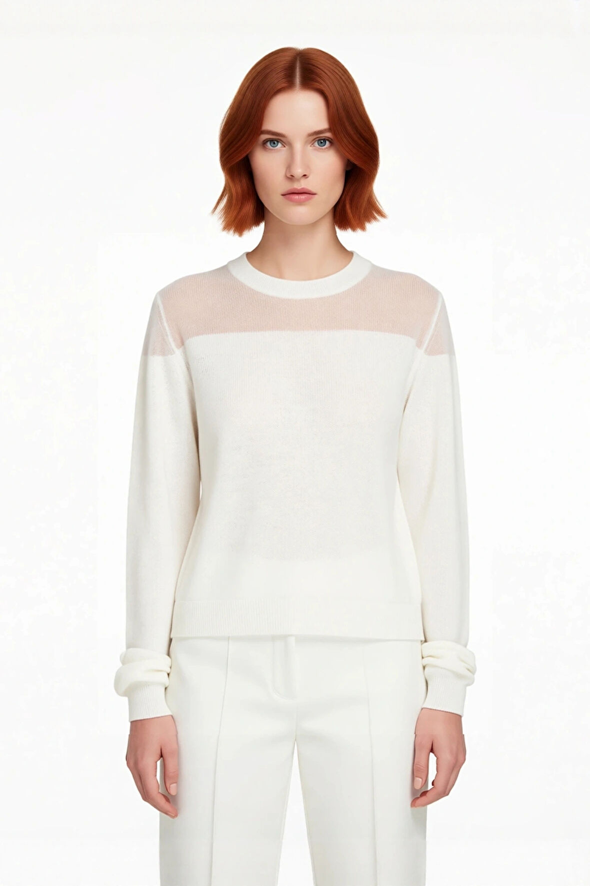 Kadın Fashion Forward İnce Triko Kazak Transparan Renk Bloklu Bisiklet Yaka Bahar Zarafeti