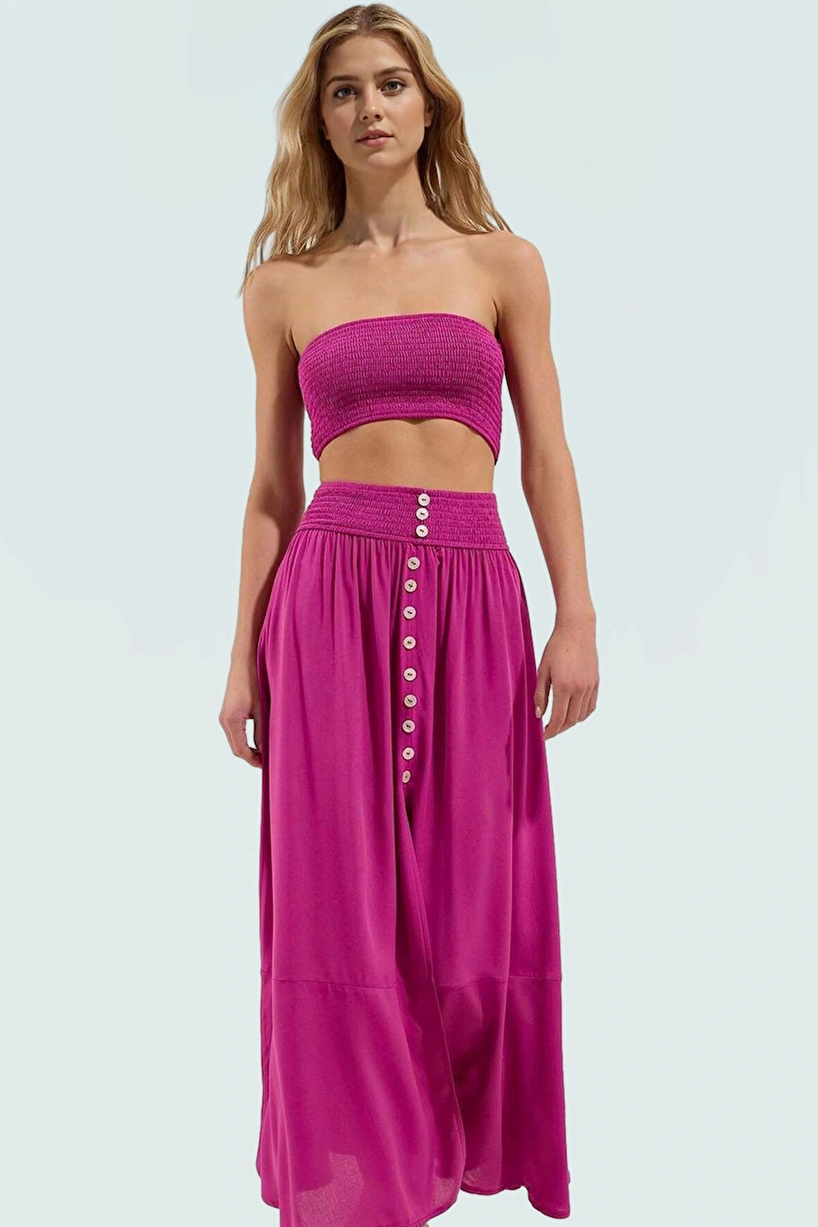 Viskoz Dokuma Uzun Bluz Etek Takım Dik Yaka Balon Kol Plaj Şıklığı Günlük Kullanım İçin