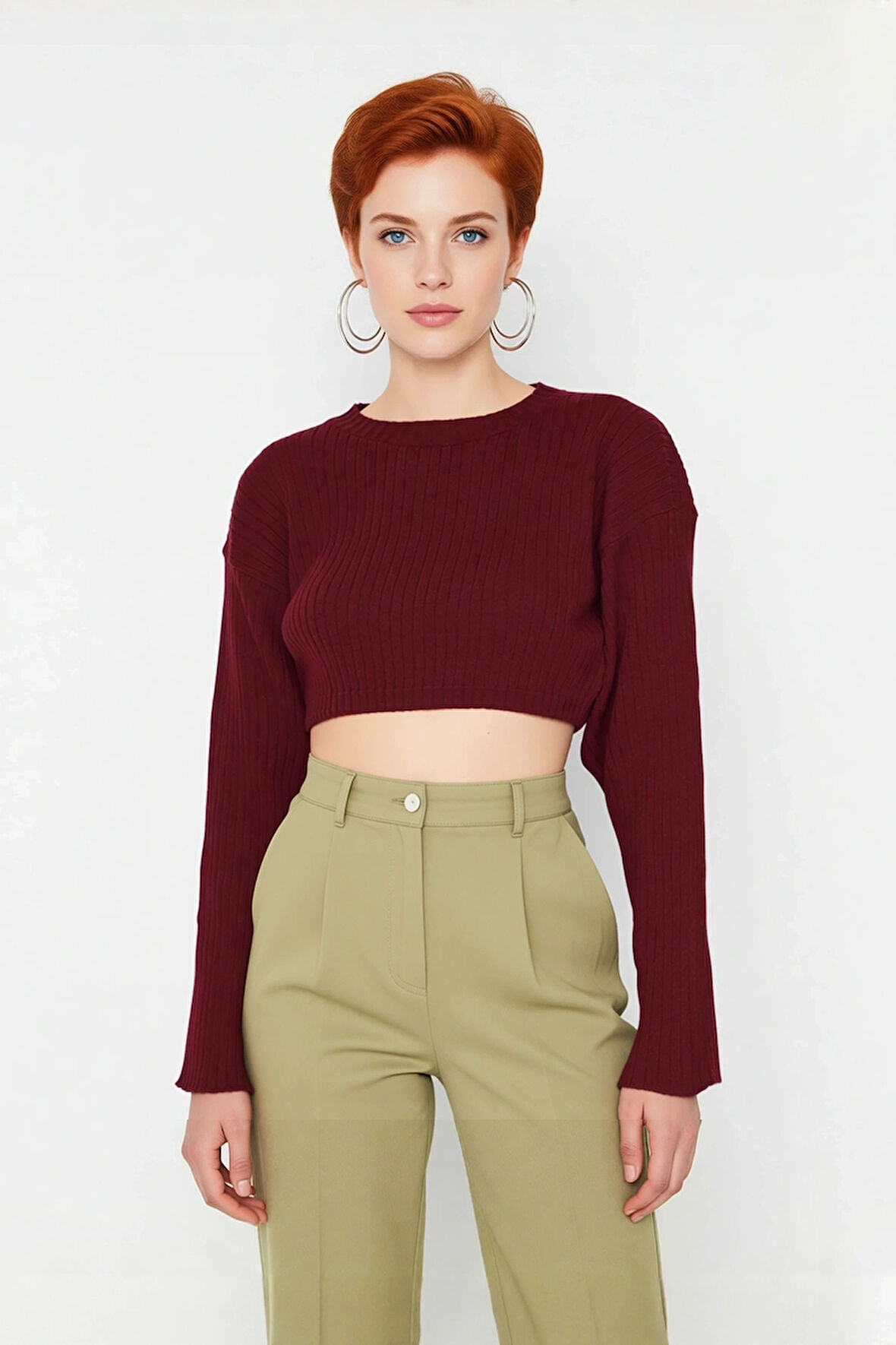 Kadın Düz Desen Regular Kalıp Triko Super Crop Bisiklet Yaka Uzun Kol Kazak Casual Tarz Kaliteli