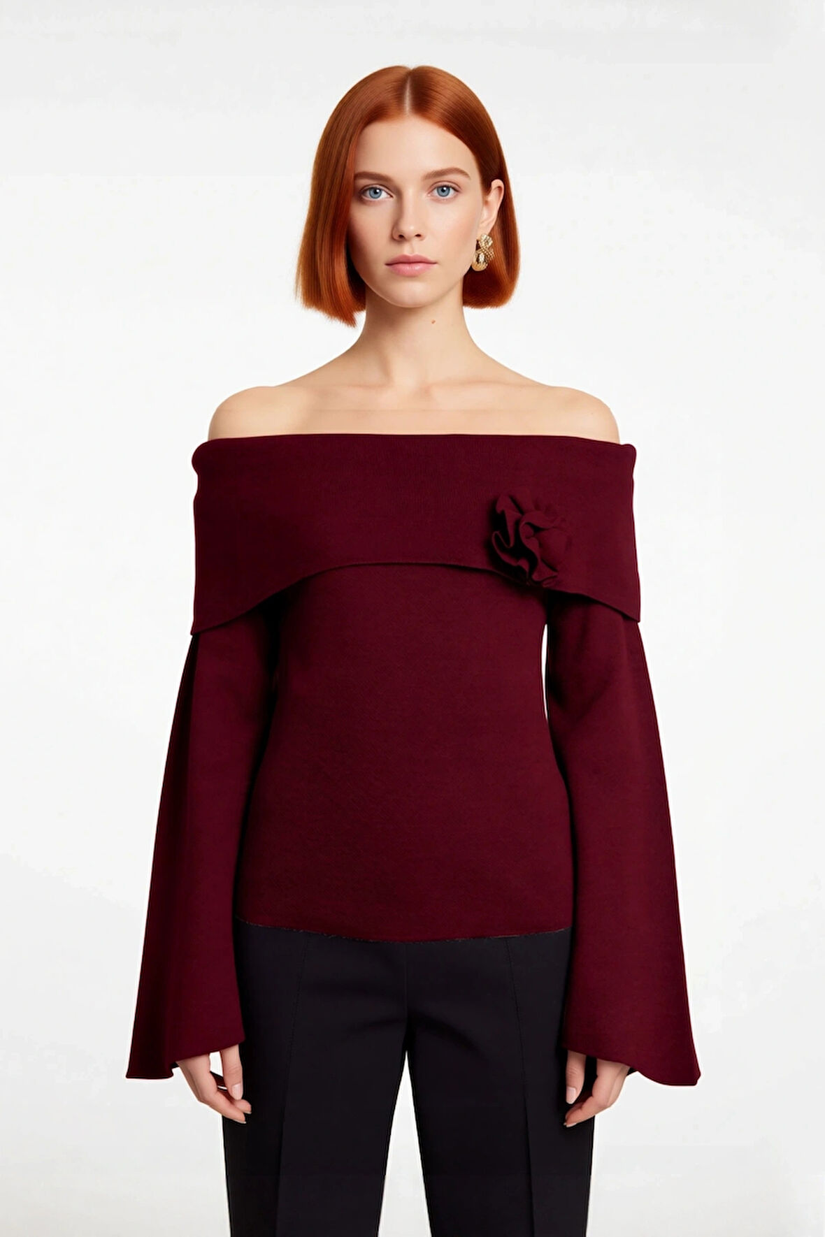 Kadın Carmen Yaka Gül Detaylı Triko Kazak Zarif Şık Regular Kalıp Çan Kol Gündüz Gece Kombin