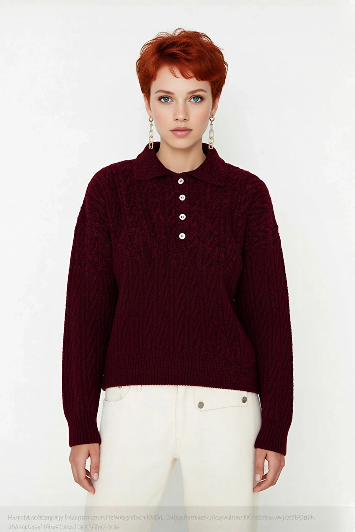 Kadın Oversize Triko Polo Yaka Saç Örgü Düşük Kollu Rahat Kışlık Basic Stil Kazak Kaliteli