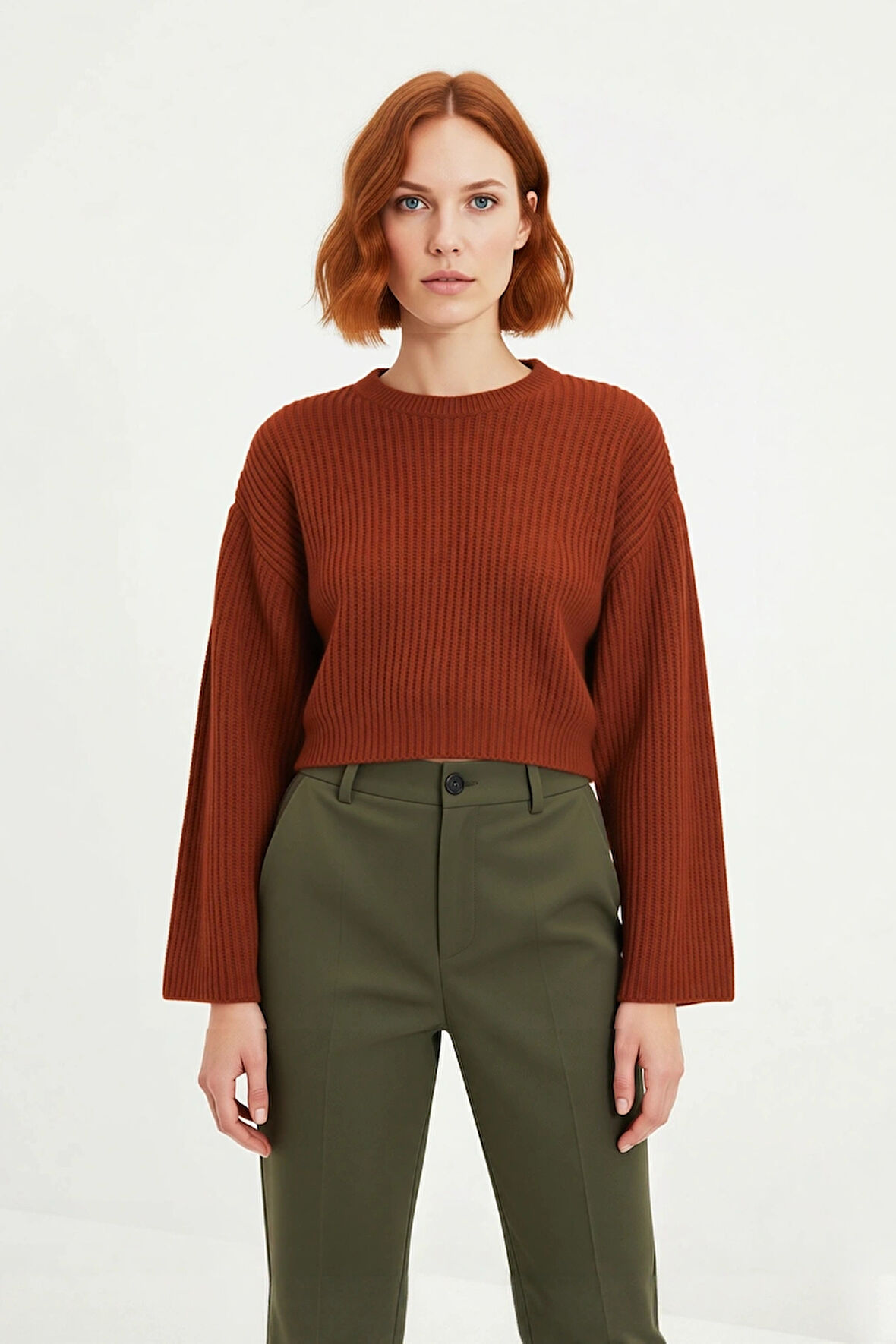 Kadın Gri %100 Akrilik Oversize Selanik Dokuma Bisiklet Yaka İspanyol Kol Crop Triko Kazak