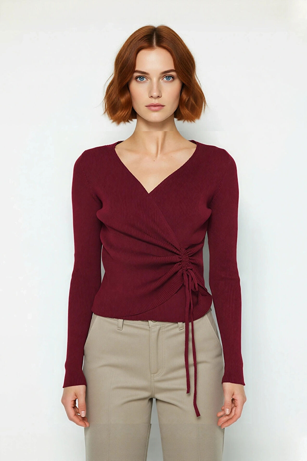 Kadın Fitted Basic Triko Üst Kruvaze Yaka Bağcıklı Detaylı Günlük Kombinlerde Şıklık Ve Konfor