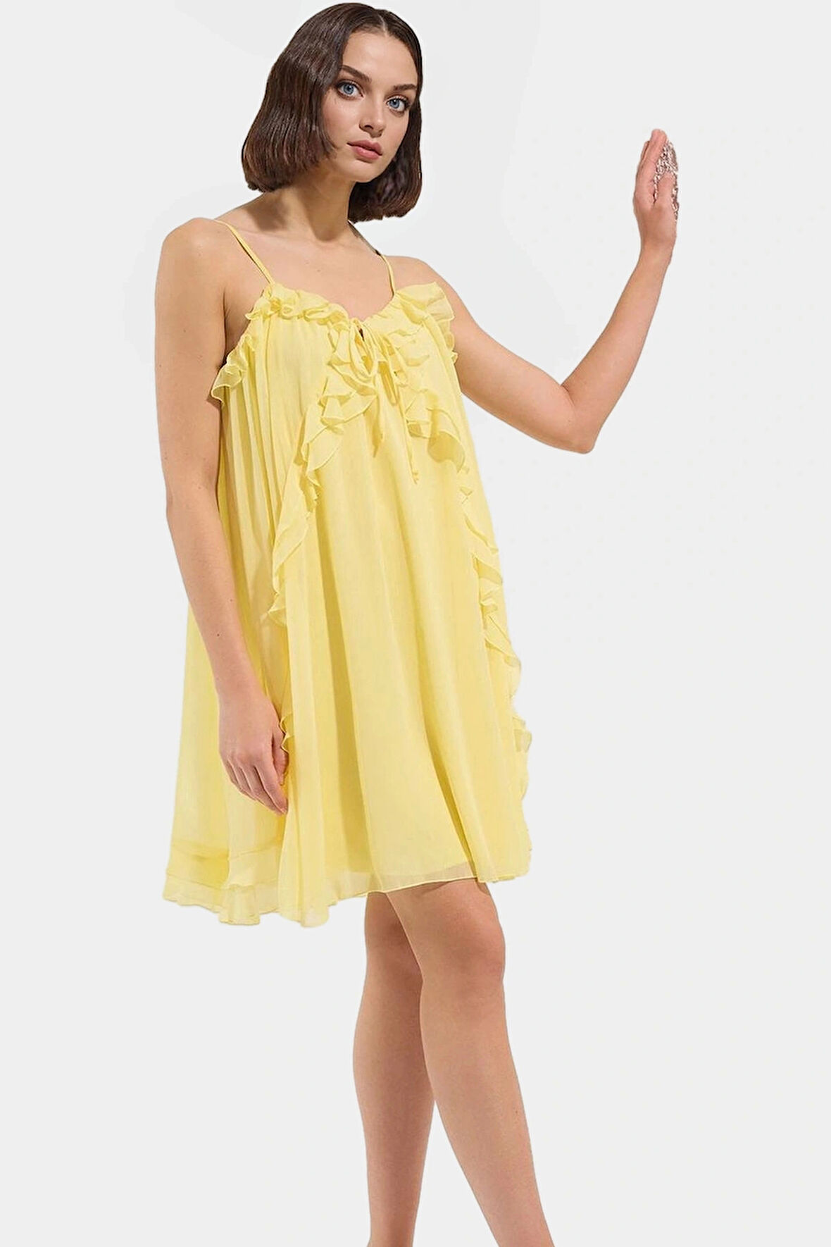 Şık Mini Elbise Astarlı Fırfırlı Yazlık Polyester Dokuma Yüksek Kalite