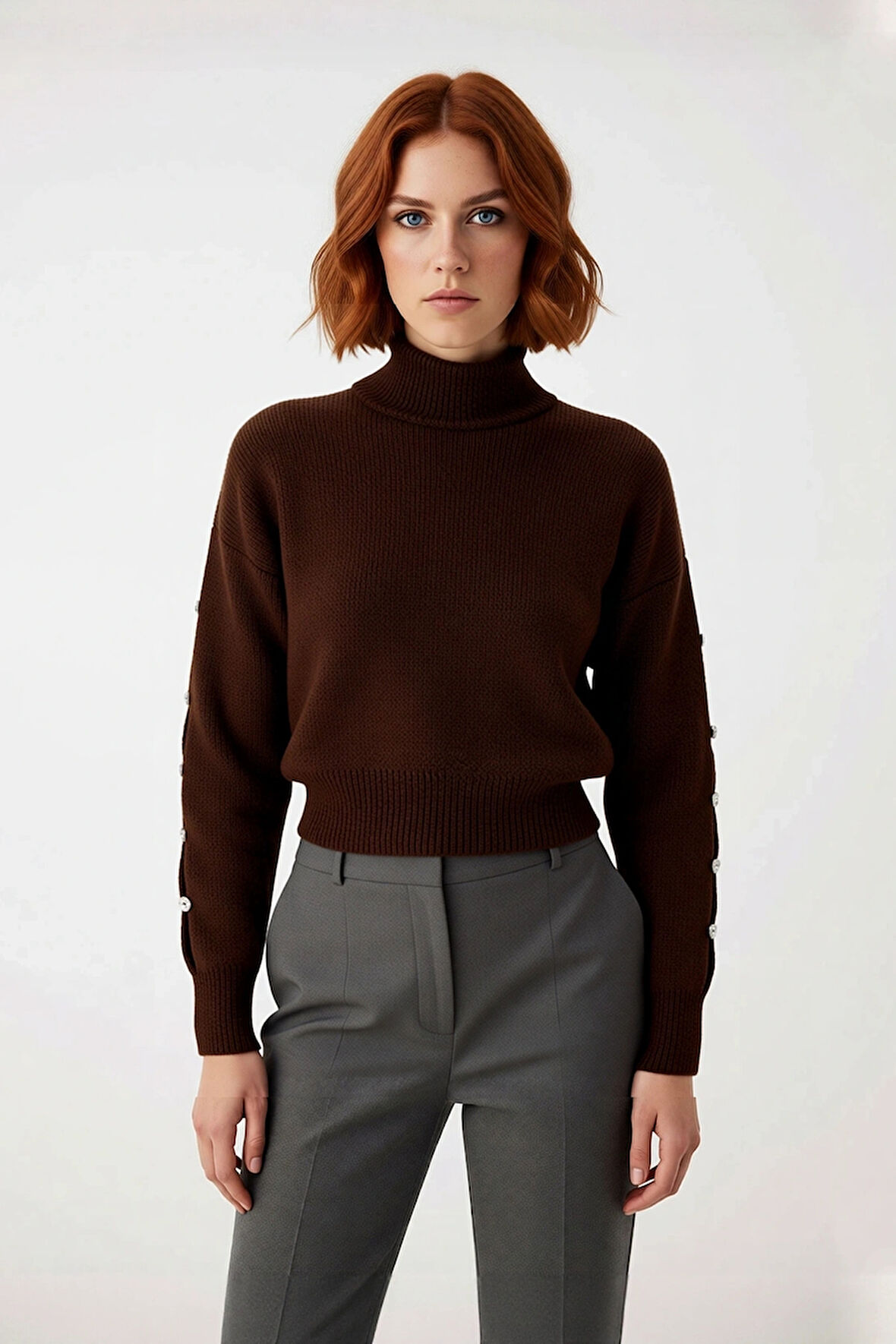 Kadın Dik Yaka Triko Kazak Düşük Kollu Düğme Detaylı Modern Regular Kalıp Kış İçin İdeal Seçim