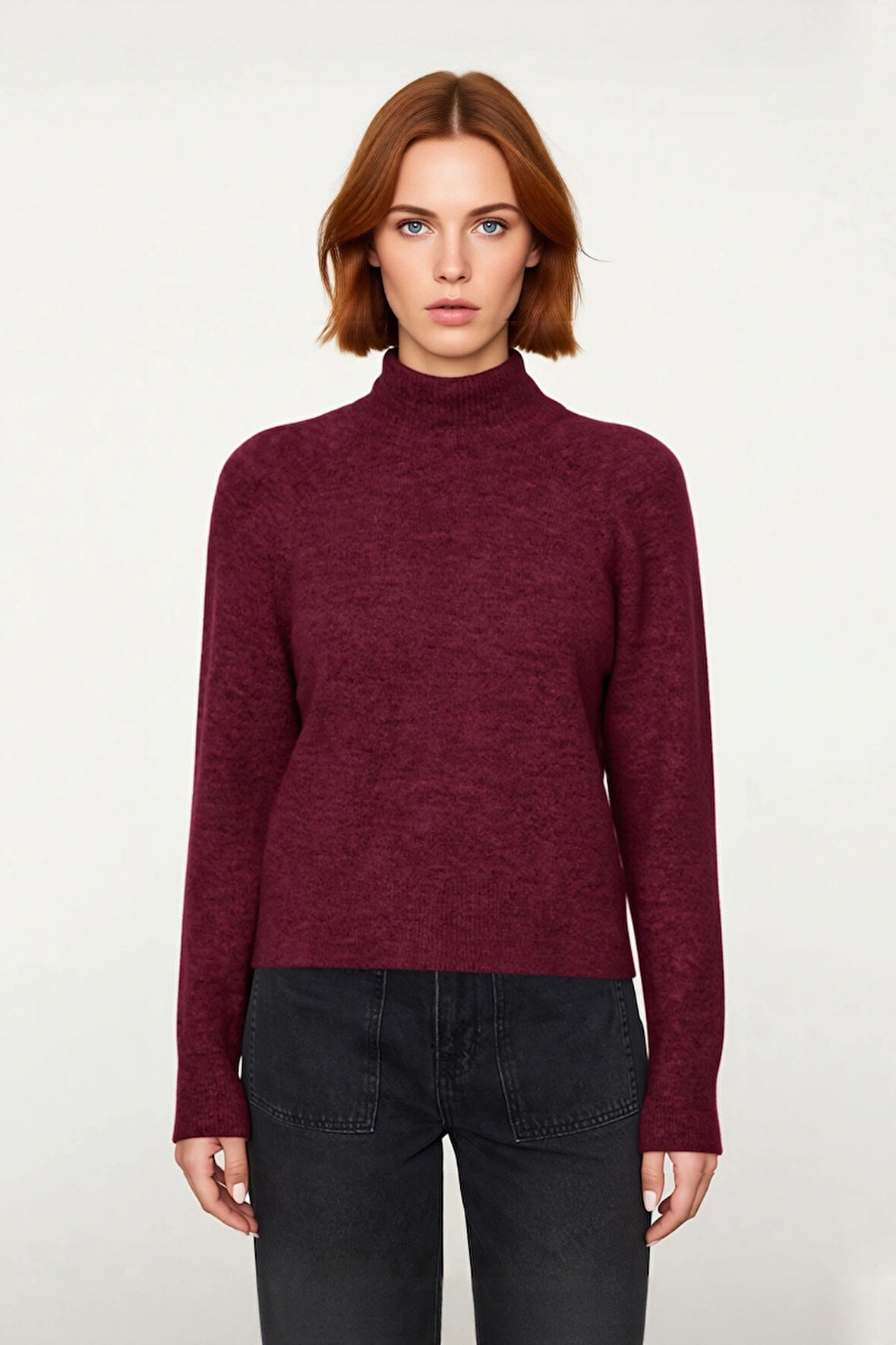 Kadın Bordo Reglan Kol Oversize Dik Yaka Triko Kazak Kış Sezonu İçin İdeal Rahat Günlük Giyim