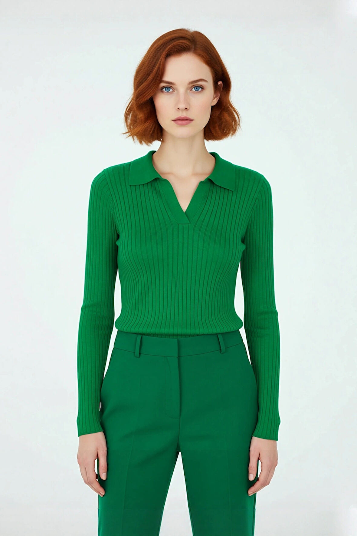 Kadınlara Özel Basic Regular Kesim Polo Yaka Fitilli Triko Kazak Modern ve Konforlu Stil Kaliteli