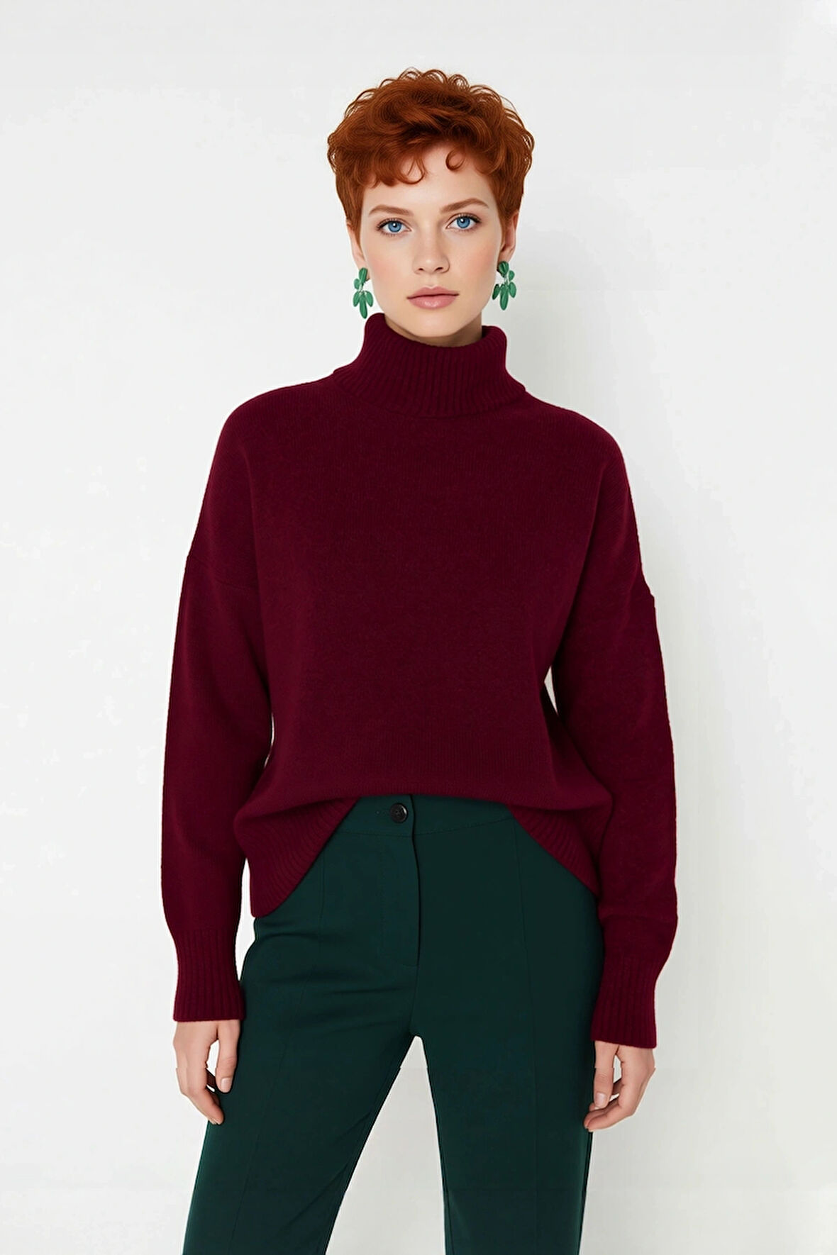 Kadın Basic Oversize Dik Yaka Triko Kazak Düşük Kol Uzun Boy Kışlık Günlük Şıklık Sunar Kaliteli