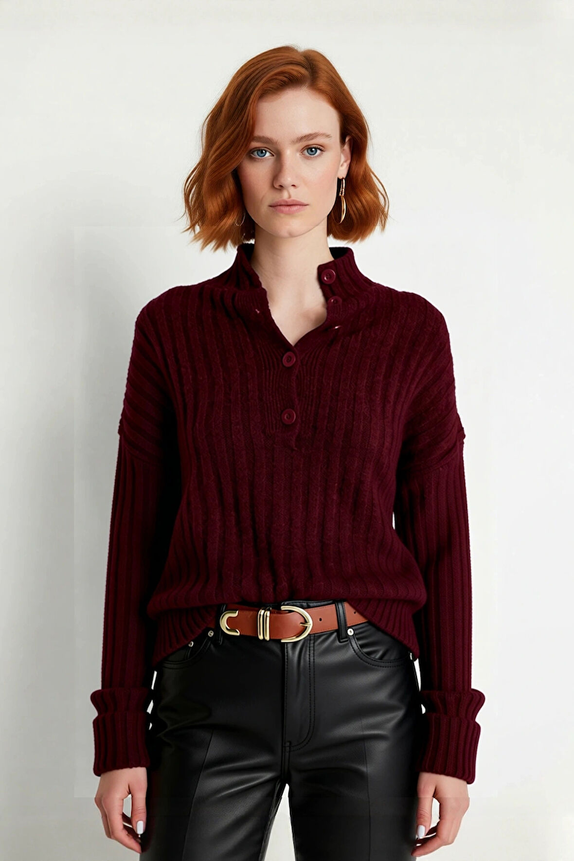 Kadın Dik Yaka Oversize Kalıp Düz Renk Düşük Kol Triko Kazak Soğuk Havalarda Konforlu ve Modern