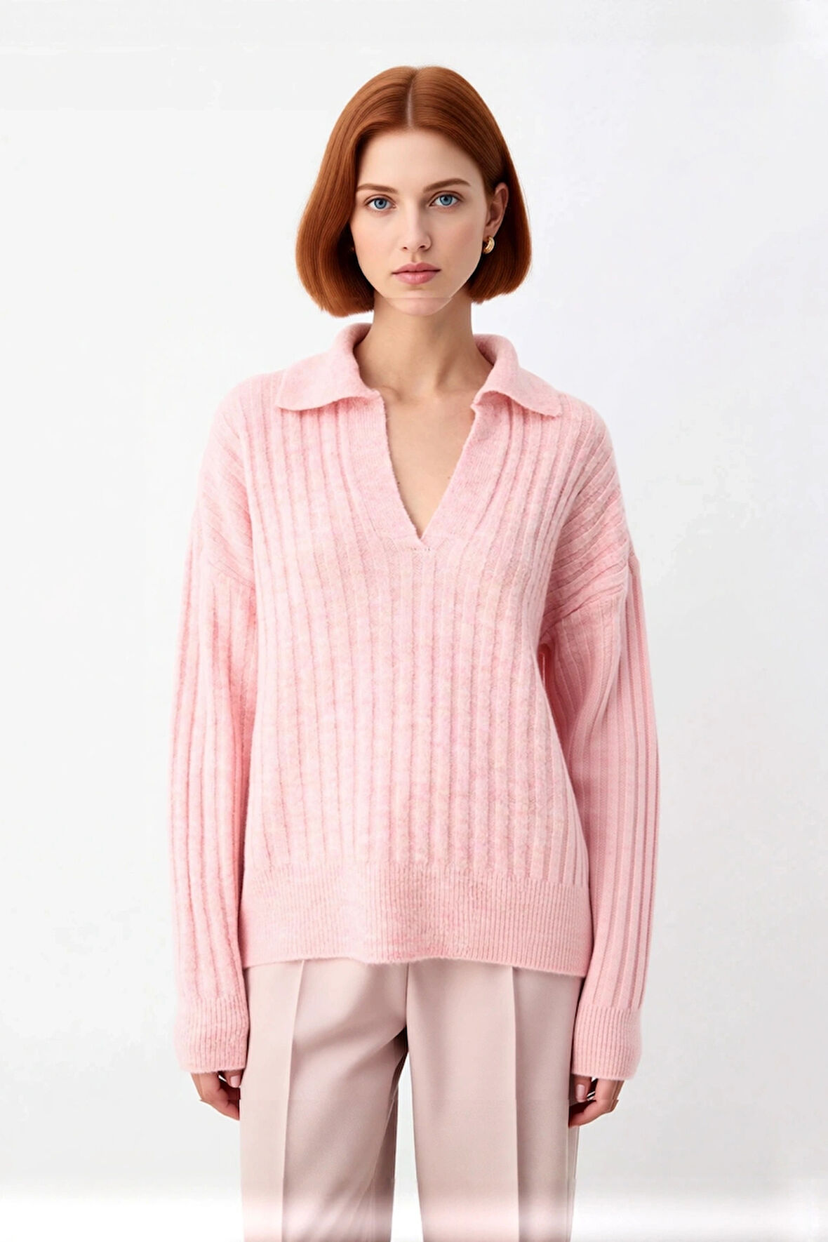 Kadınlara Özel Oversize Fitilli Triko Kazak Düşük Kol Polo Yaka Kış Sezonu İçin İdeal Günlük Giyim