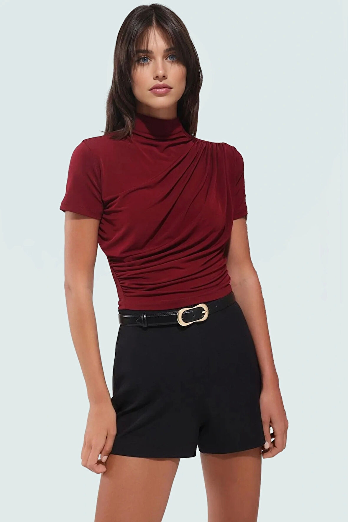 Yazlık Kısa Kollu Bluz Esnek Örme Dik Yaka Fitted Kalıp Mükemmel Uyum Trend Tasarım