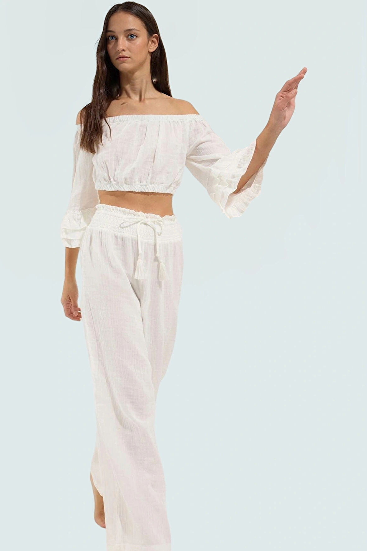 Pamuklu Carmen Yaka Bluz Pantolon Takım Dokuma Kumaş Yazlık Rahat Modern Stil