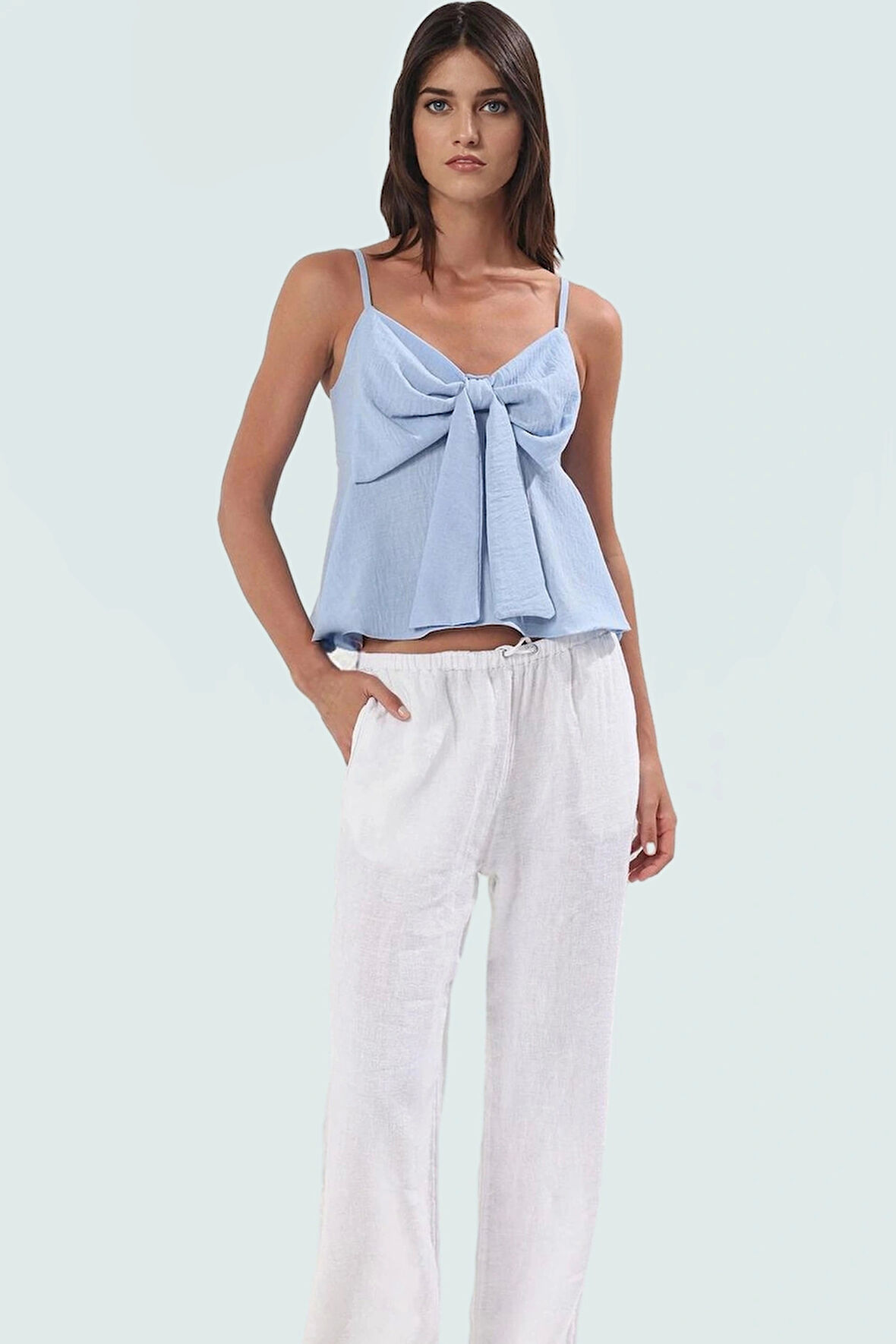 Fitted Kalıp Keten Görünümlü Kolsuz Bluz %100 Polyester Günlük Kullanım İçin