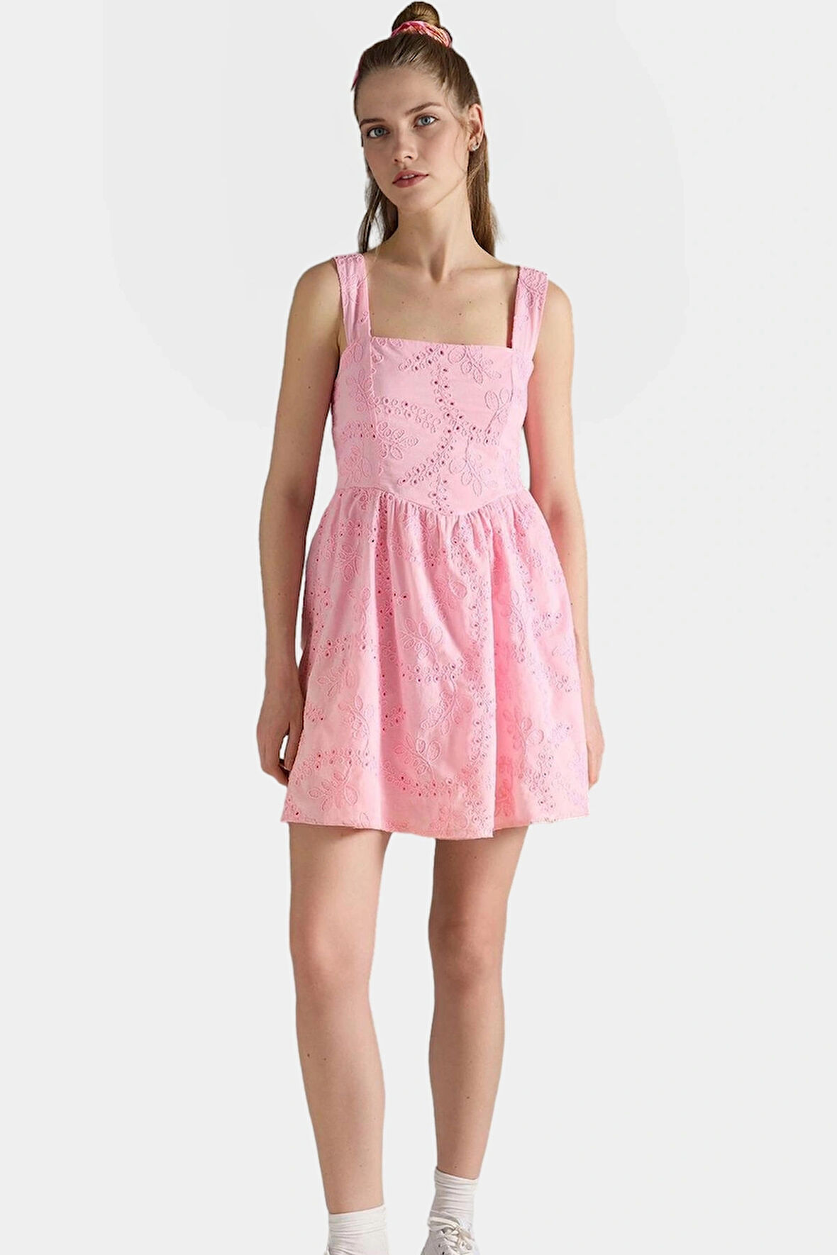 Dokuma Pamuklu Mini Elbise Belden Açılan Etekli Yazlık Mükemmel Uyum Seçkin Malzeme