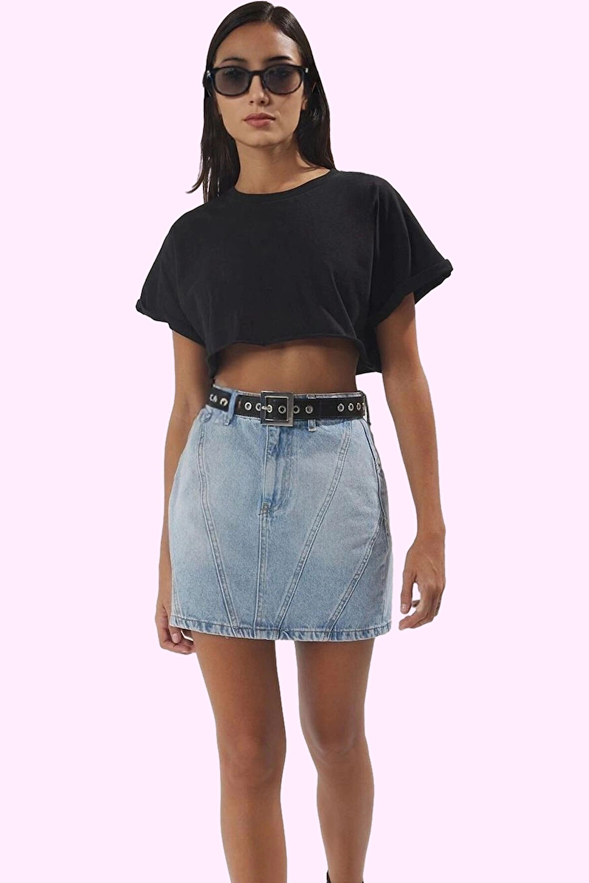 Kadın Pamuk Denim Mini Etek Yüksek Bel Soluk Efekt Günlük Kombinler İçin Dayanıklı Malzeme