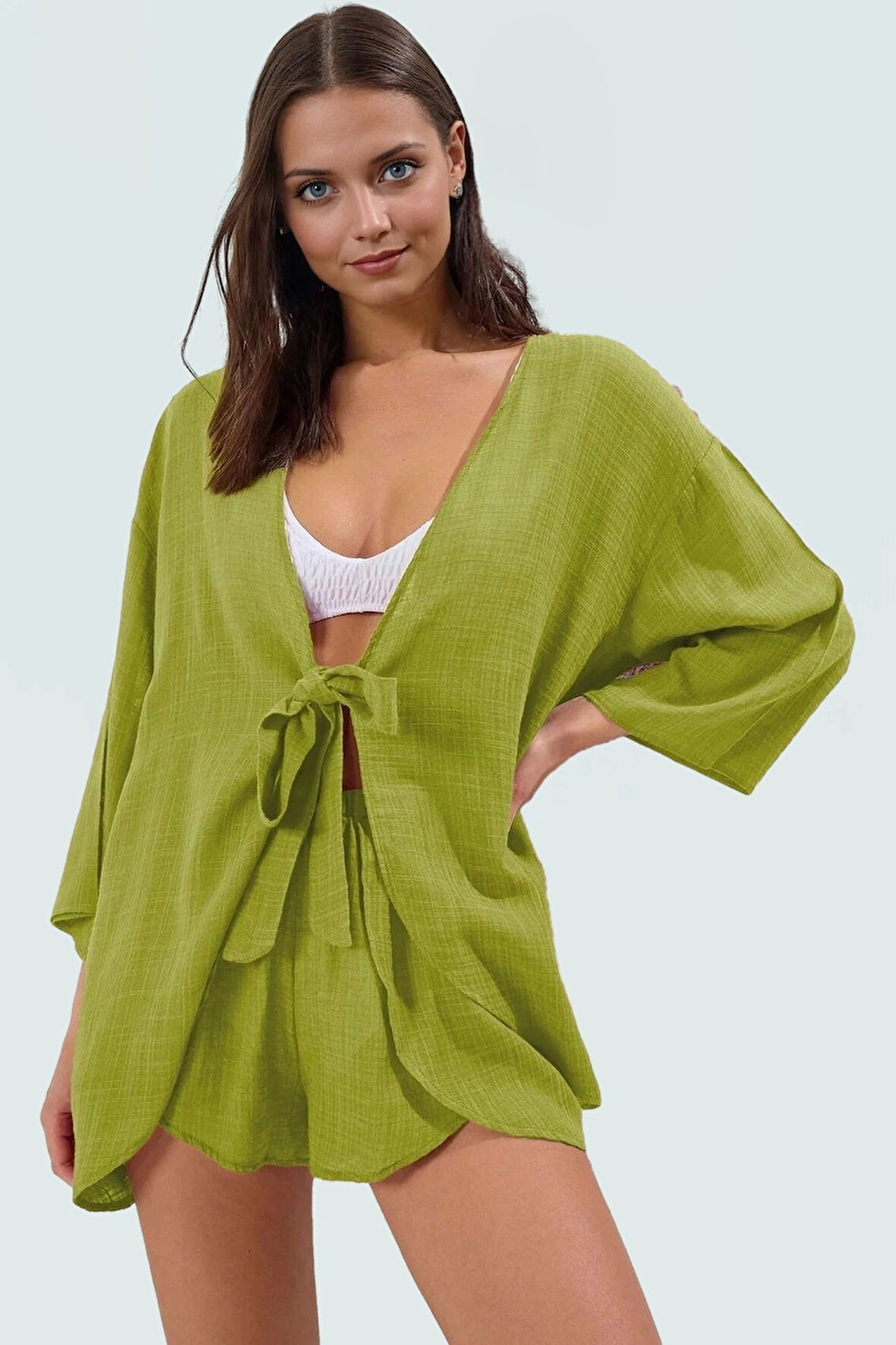 Rahat Plaj Takımı Dokuma Viskoz Pamuk Bluz Şort V Yaka Truvakar Kol Profesyonel Görünüm